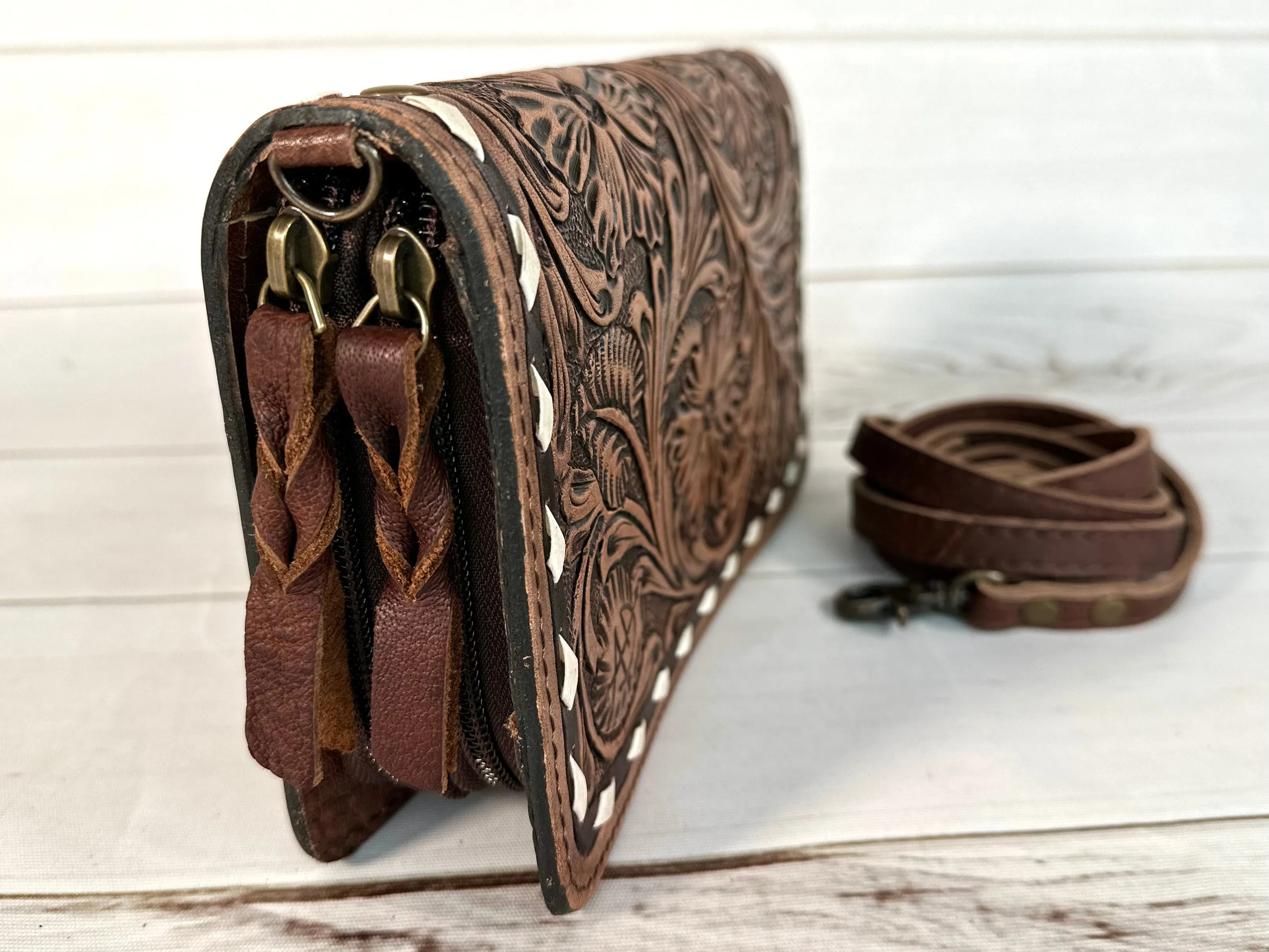 Brown Floral Tooled Buckstitch Carryall Wallet