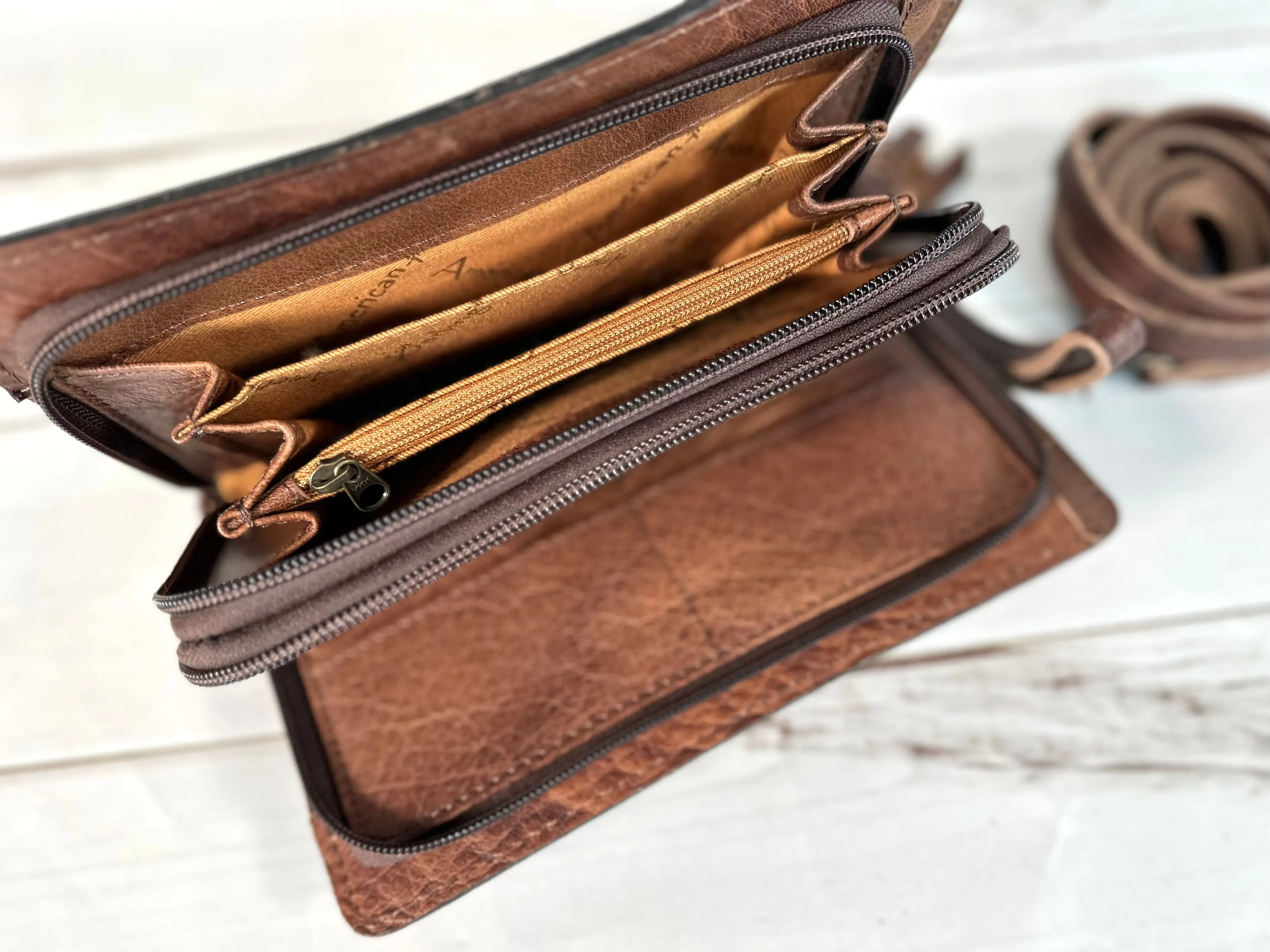 Brown Floral Tooled Buckstitch Carryall Wallet