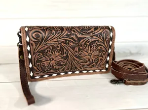 Brown Floral Tooled Buckstitch Carryall Wallet