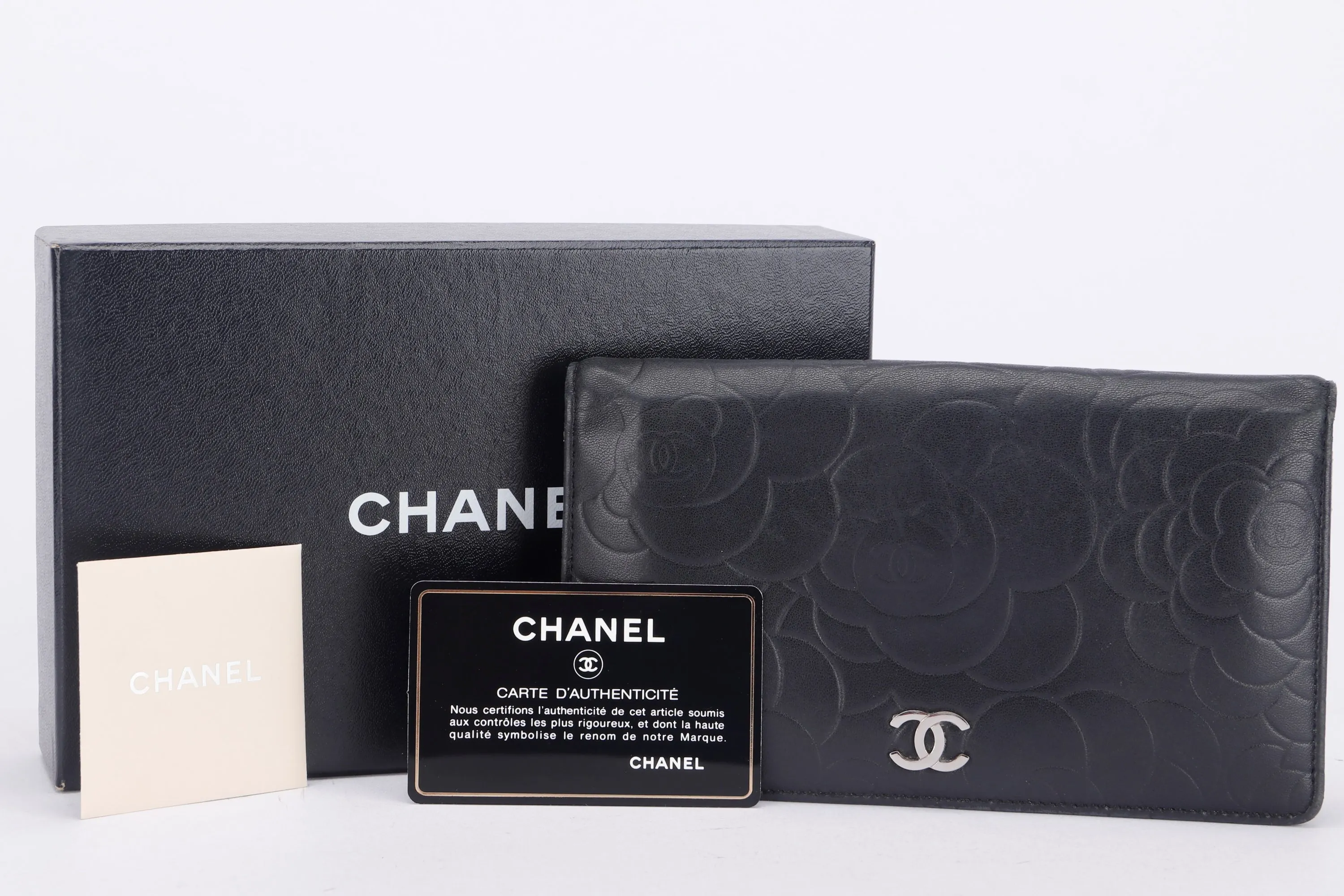 CHANEL CAMELLIA LONG WALLET (1462xxxx) BLACK LAMBSKIN SILVER HARDWARE, WITH CARD & BOX
