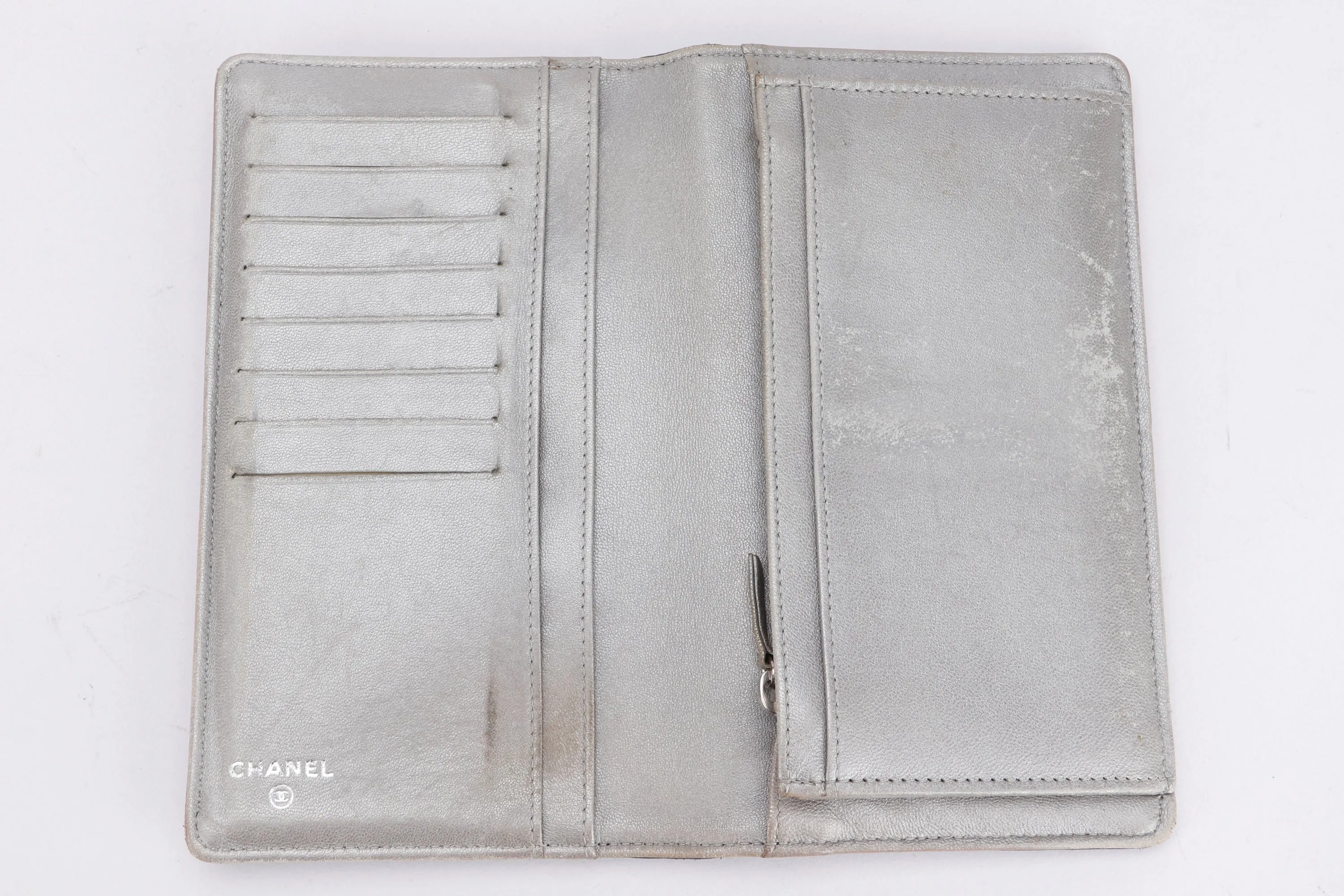 CHANEL CAMELLIA LONG WALLET (1462xxxx) BLACK LAMBSKIN SILVER HARDWARE, WITH CARD & BOX