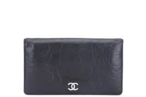 CHANEL CAMELLIA LONG WALLET (1462xxxx) BLACK LAMBSKIN SILVER HARDWARE, WITH CARD & BOX