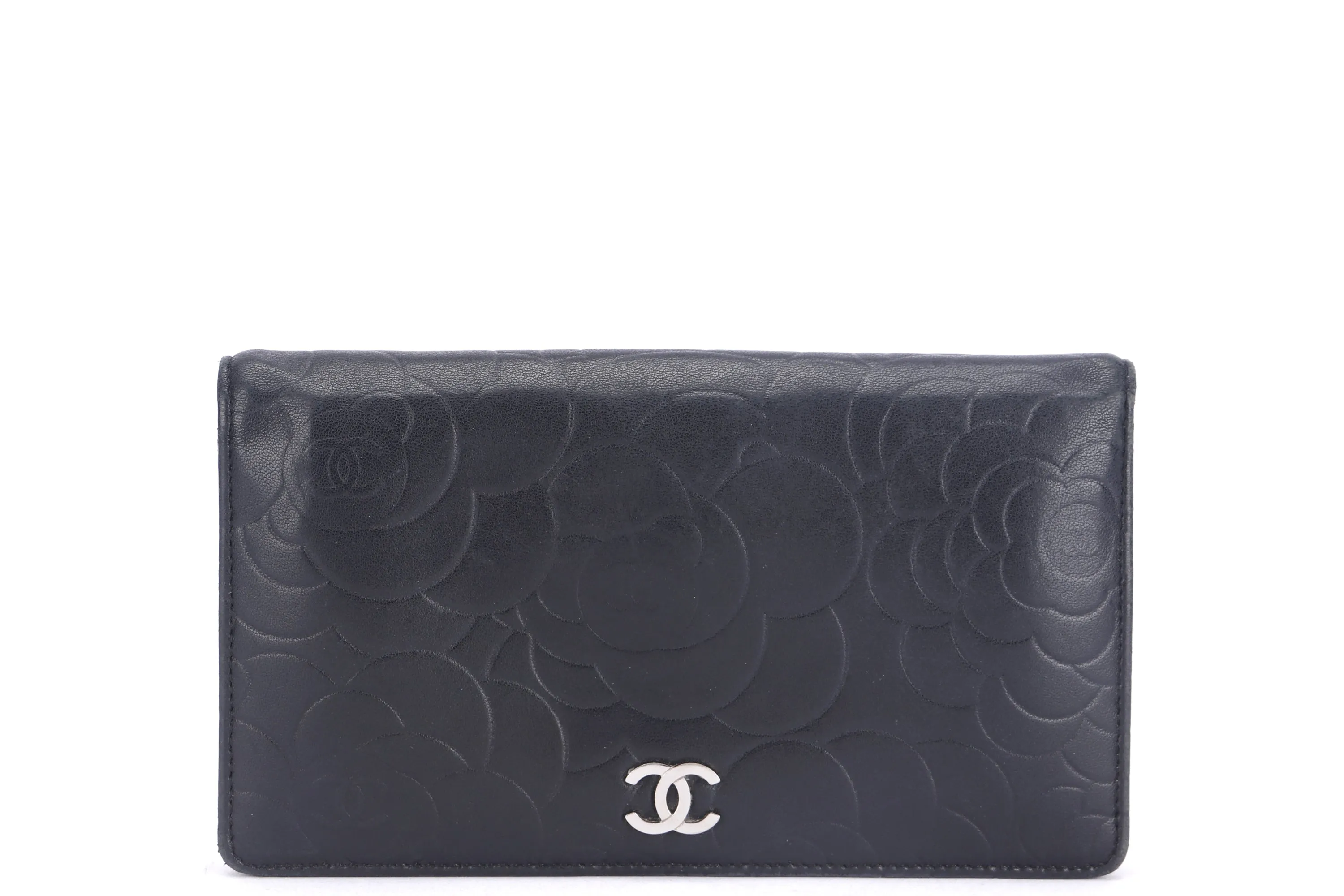 CHANEL CAMELLIA LONG WALLET (1462xxxx) BLACK LAMBSKIN SILVER HARDWARE, WITH CARD & BOX