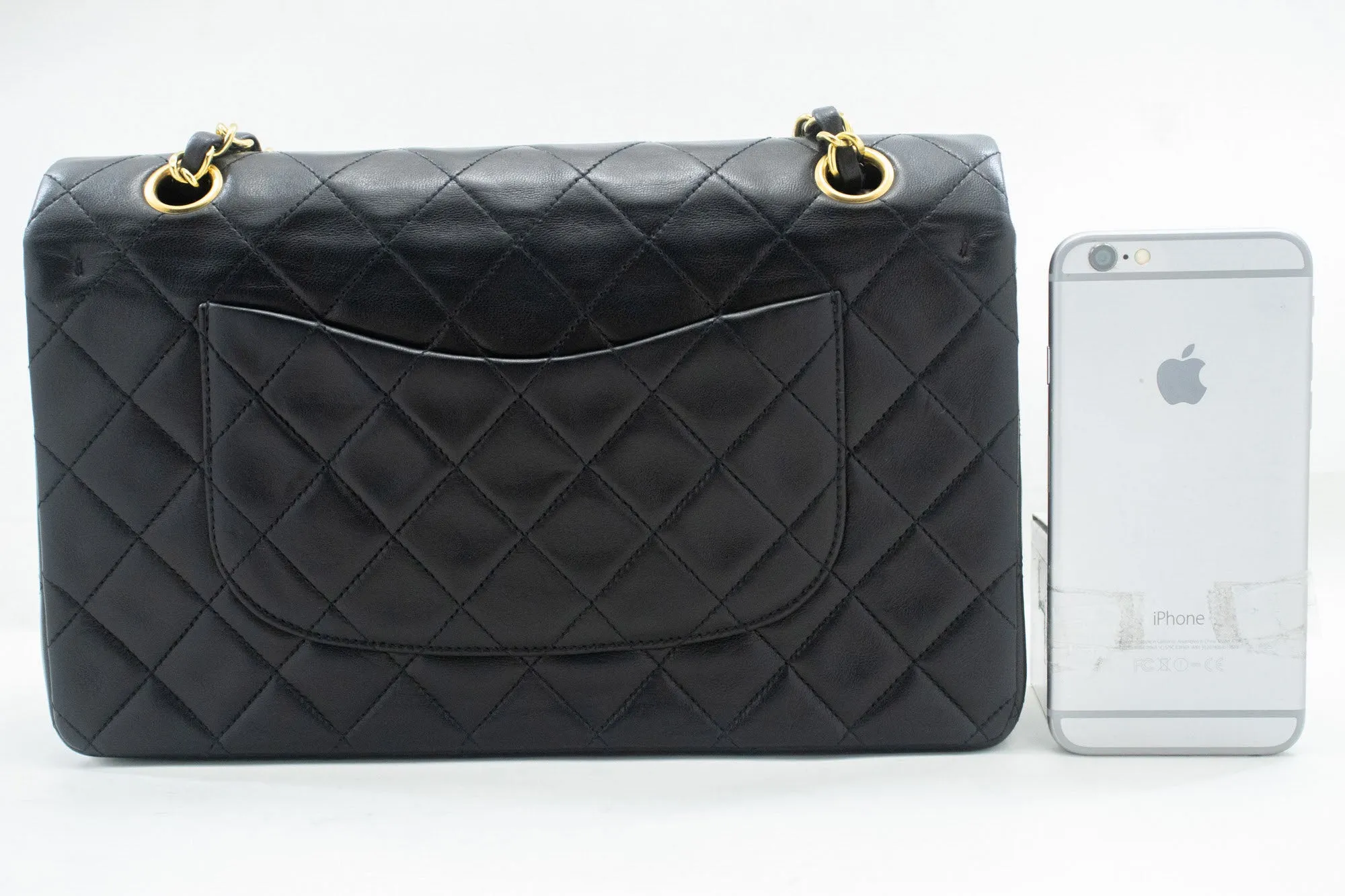 CHANEL Classic Double Flap 10" Chain Shoulder Bag Black Lambskin n88
