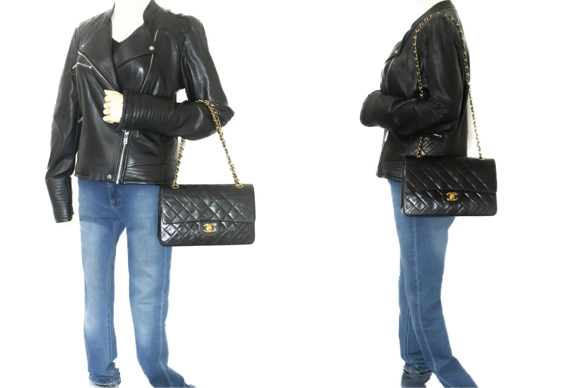 CHANEL Classic Double Flap 10" Chain Shoulder Bag Black Lambskin n88