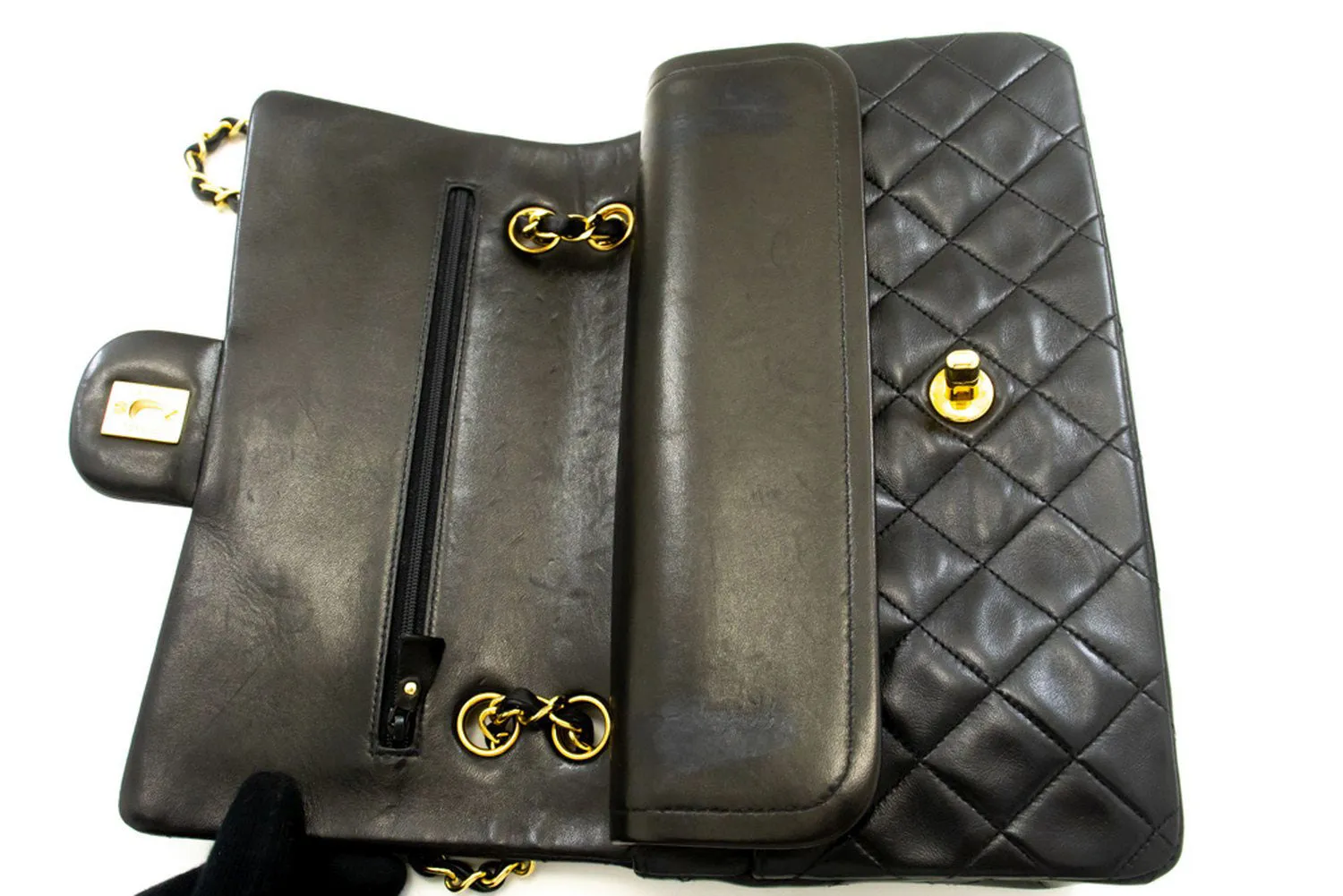 CHANEL Classic Double Flap 10" Chain Shoulder Bag Black Lambskin n88