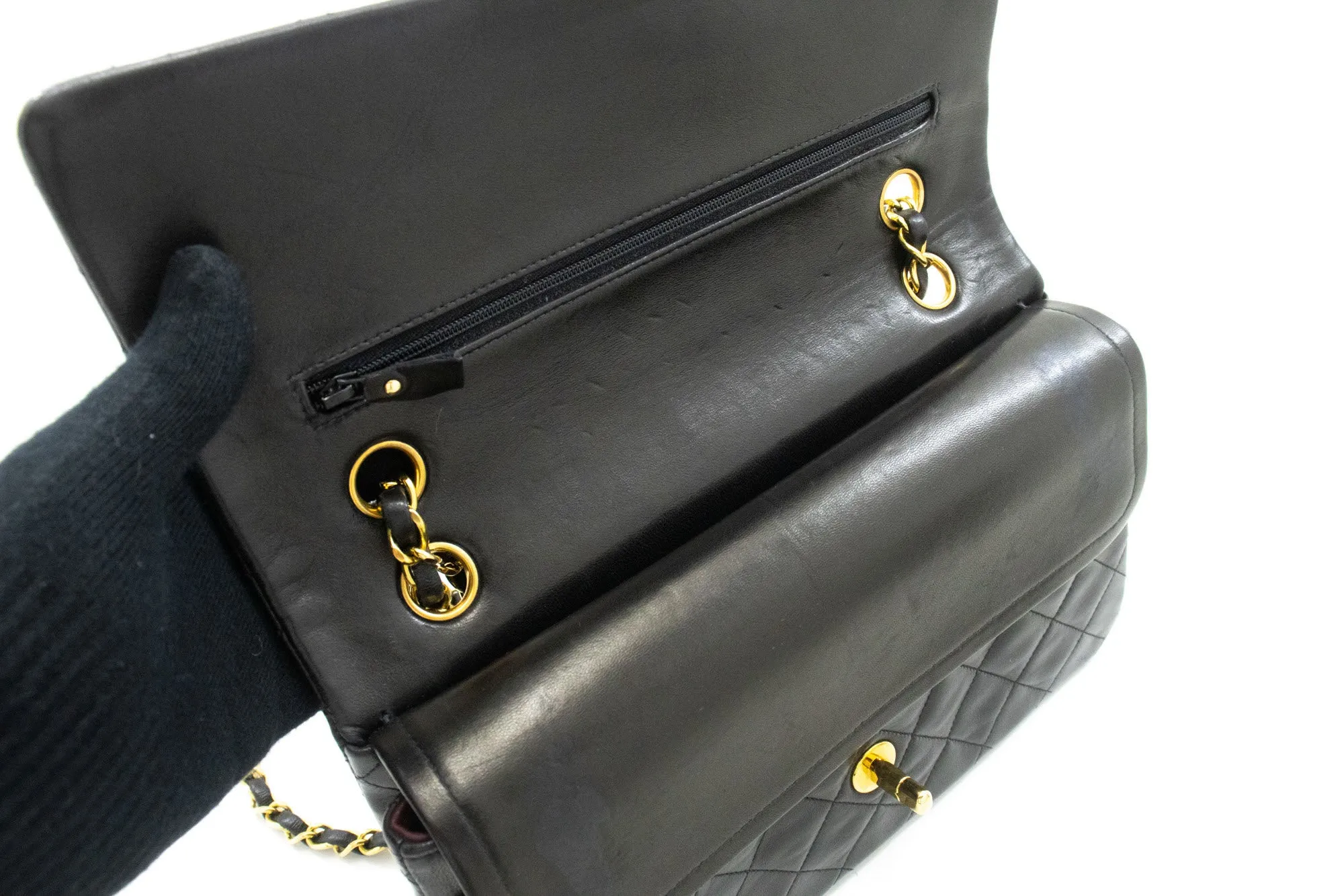 CHANEL Classic Double Flap 10" Chain Shoulder Bag Black Lambskin n88