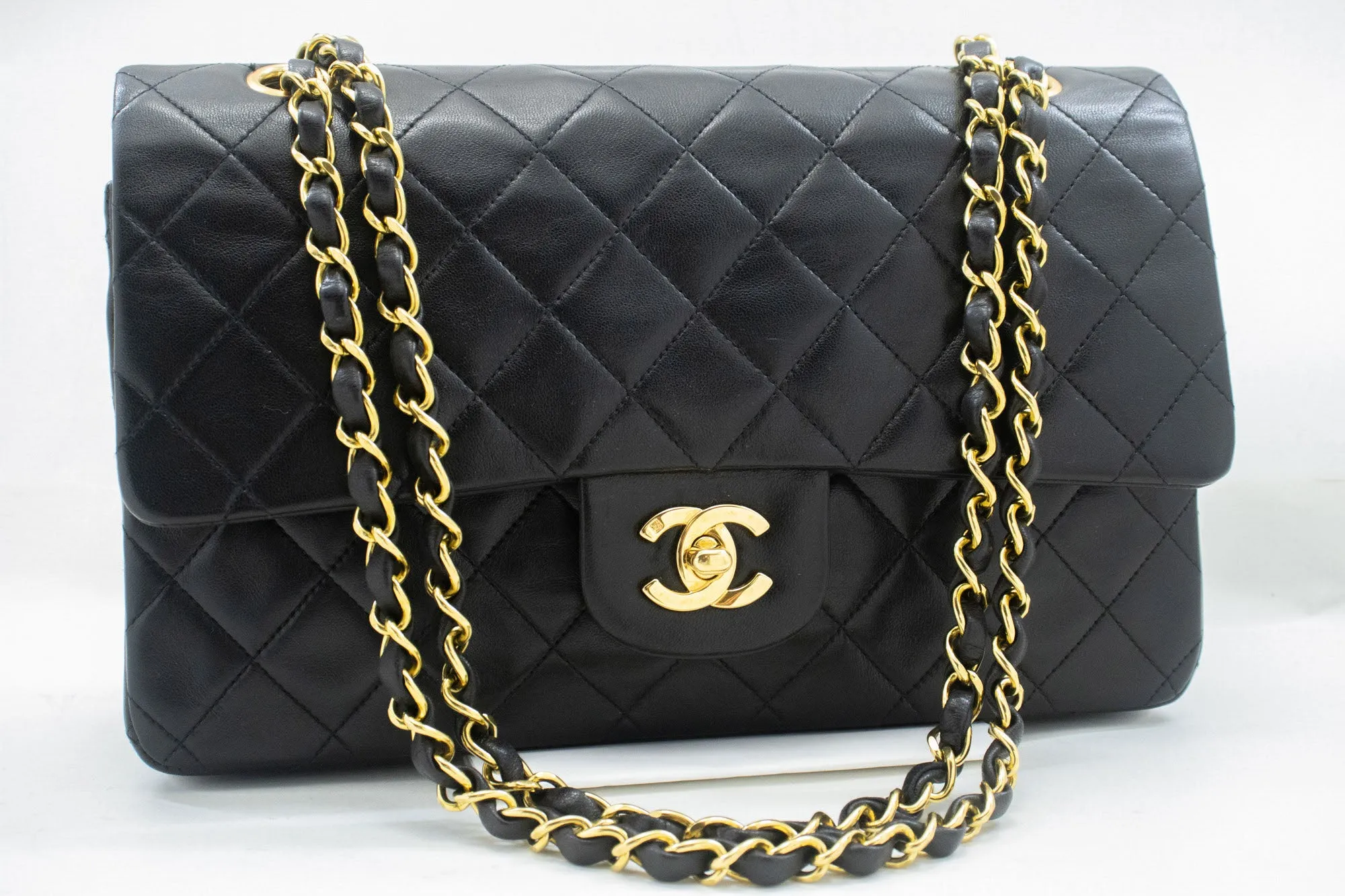 CHANEL Classic Double Flap 10" Chain Shoulder Bag Black Lambskin n88