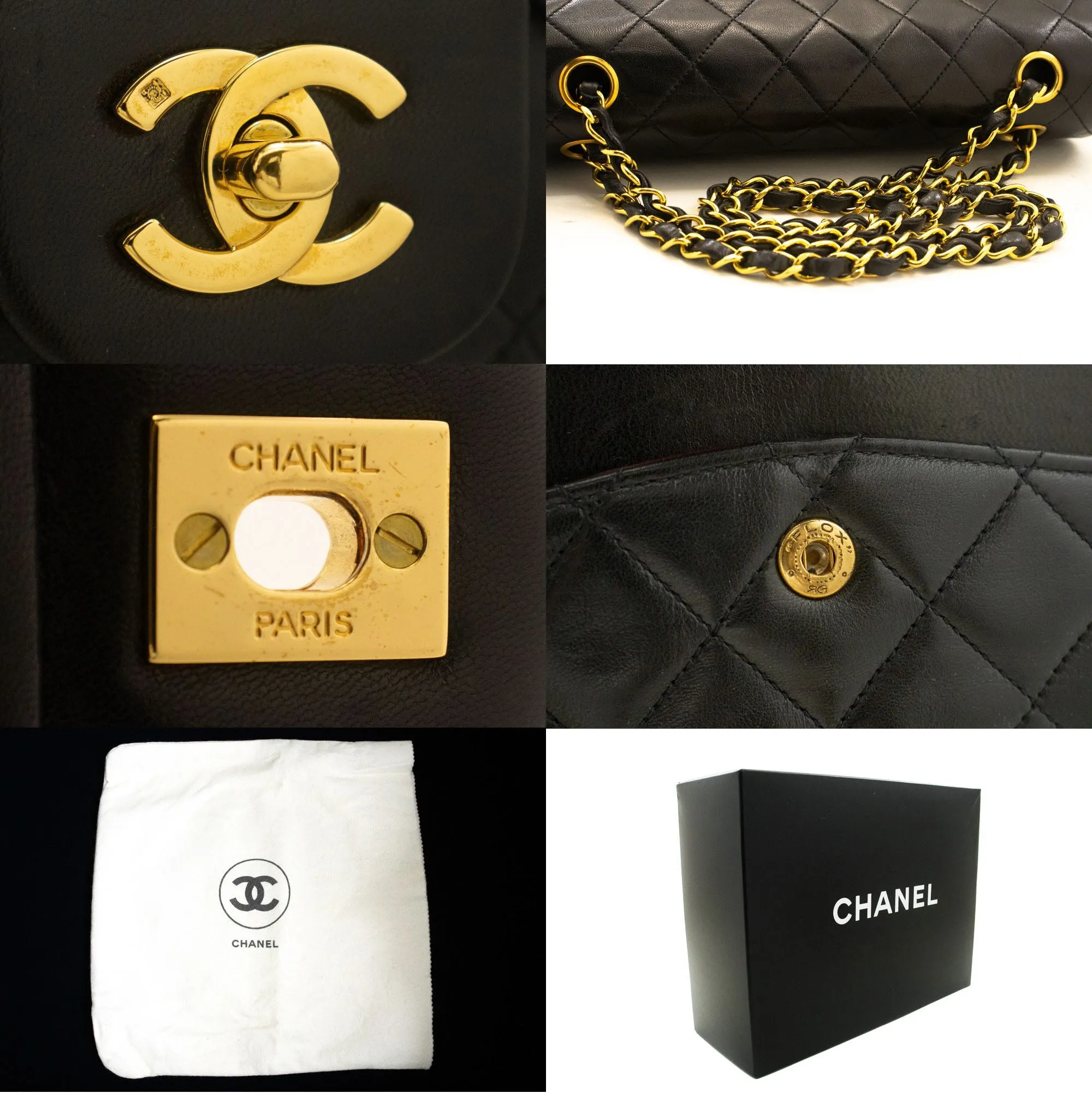 CHANEL Classic Double Flap 10" Chain Shoulder Bag Black Lambskin n88