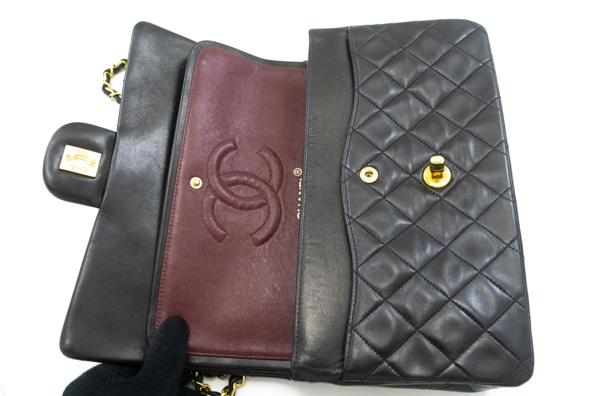 CHANEL Classic Double Flap 10" Chain Shoulder Bag Black Lambskin n88