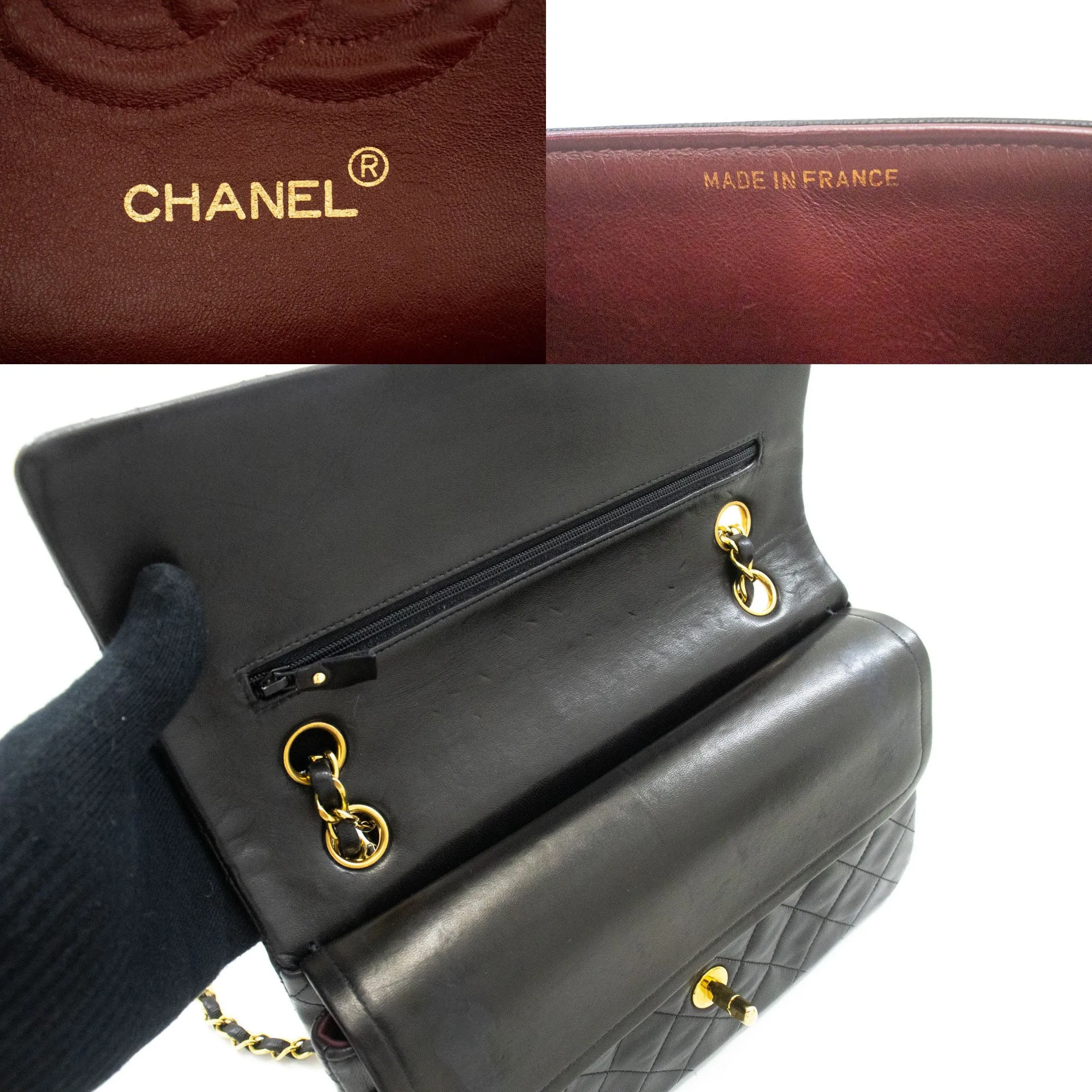 CHANEL Classic Double Flap 10" Chain Shoulder Bag Black Lambskin n88