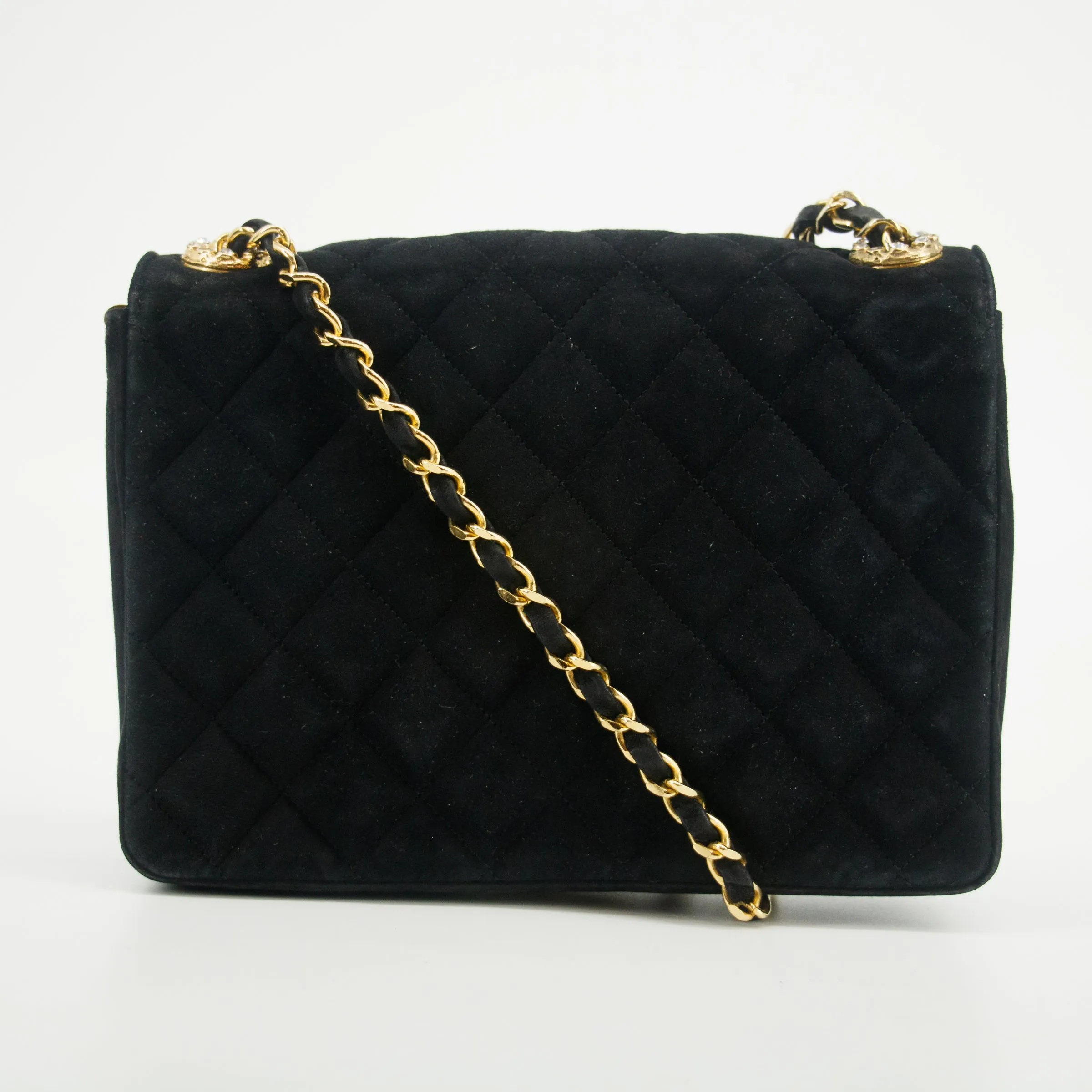 Chanel Coco Rinestone Chain Shoulder Bag Black Satin  #2671
