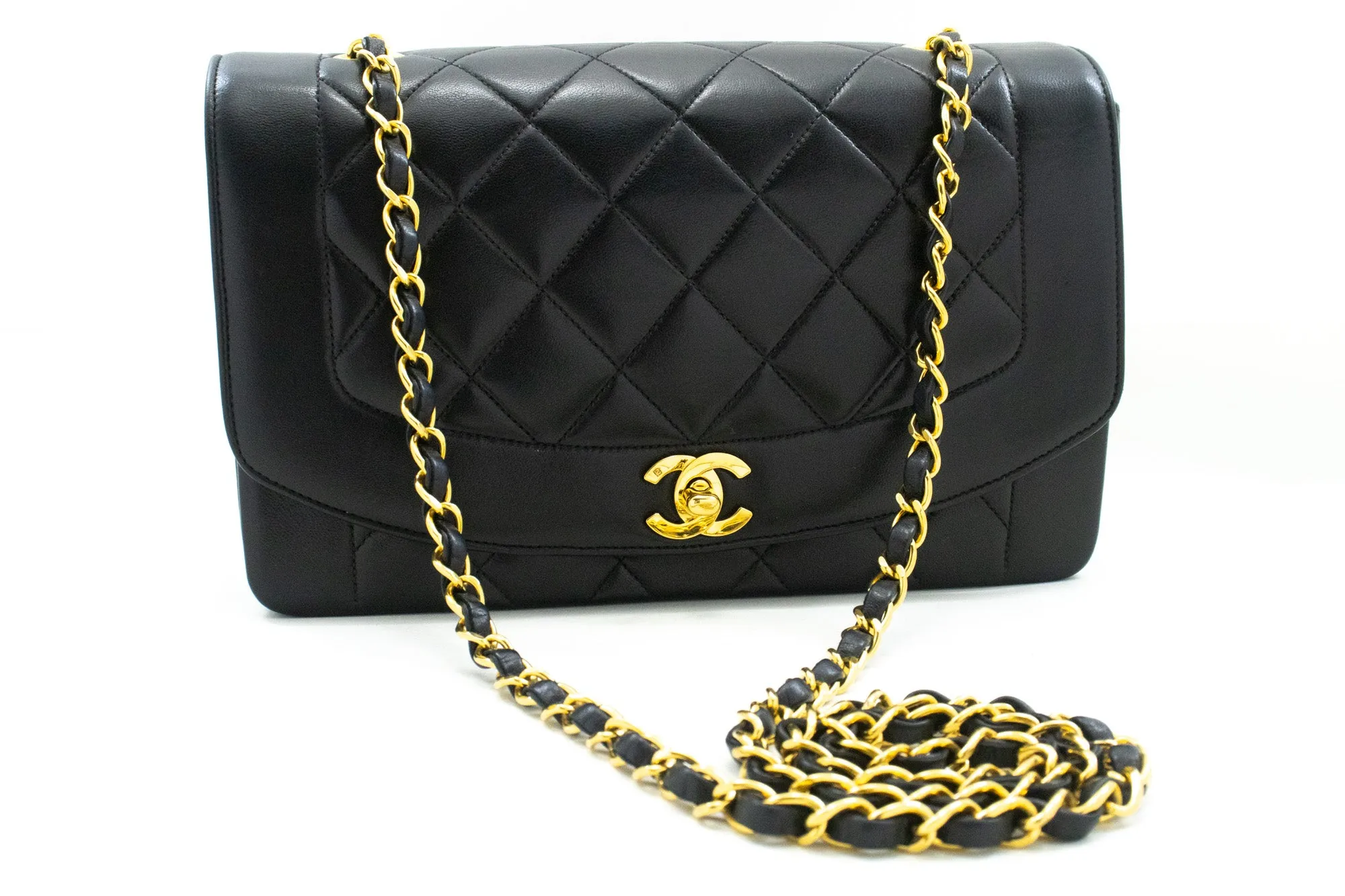 CHANEL Diana Flap Chain Shoulder Bag Black Quilted Lambskin Purse n18