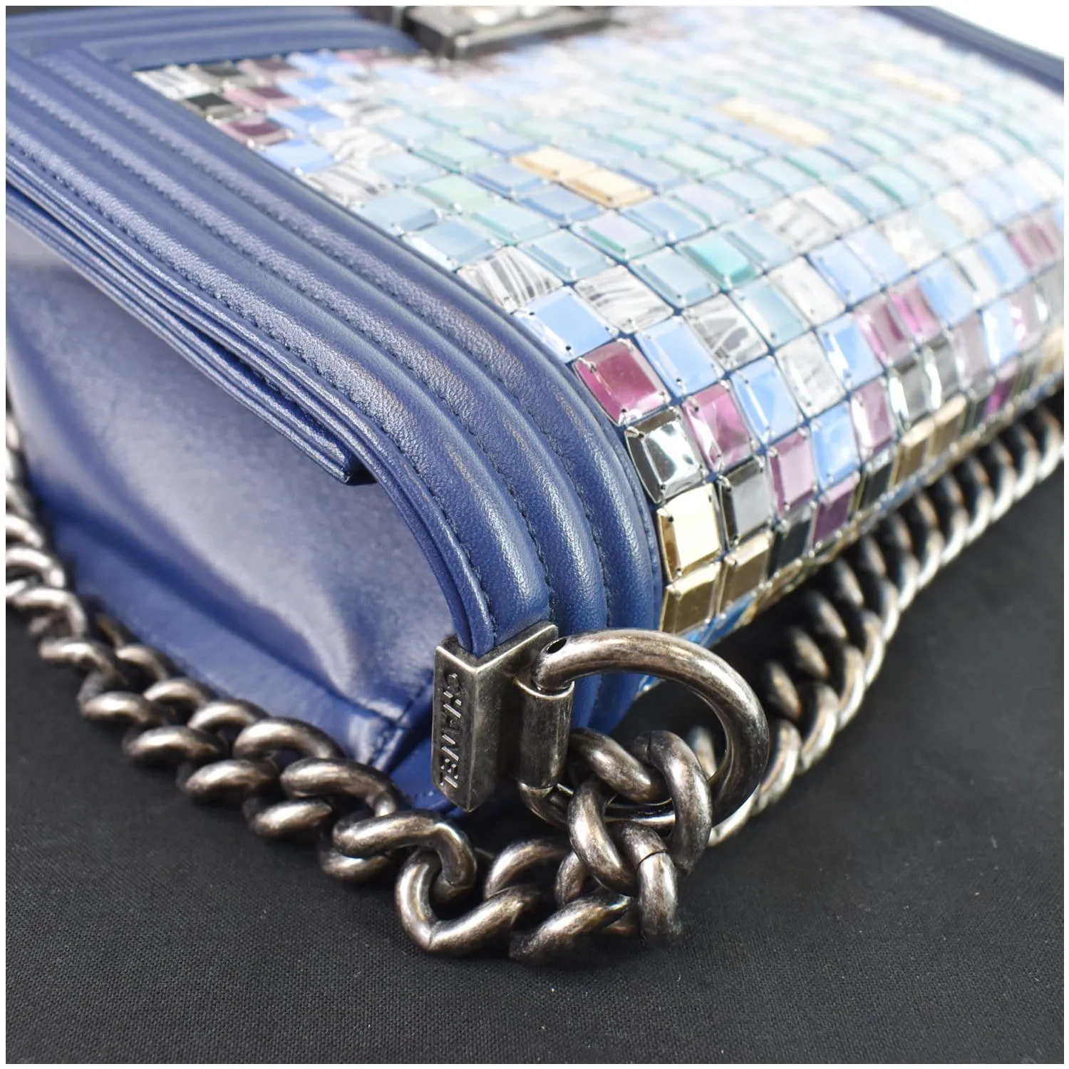 CHANEL Mosaic Large Boy Quilted Lambskin Shoulder Bag Blue