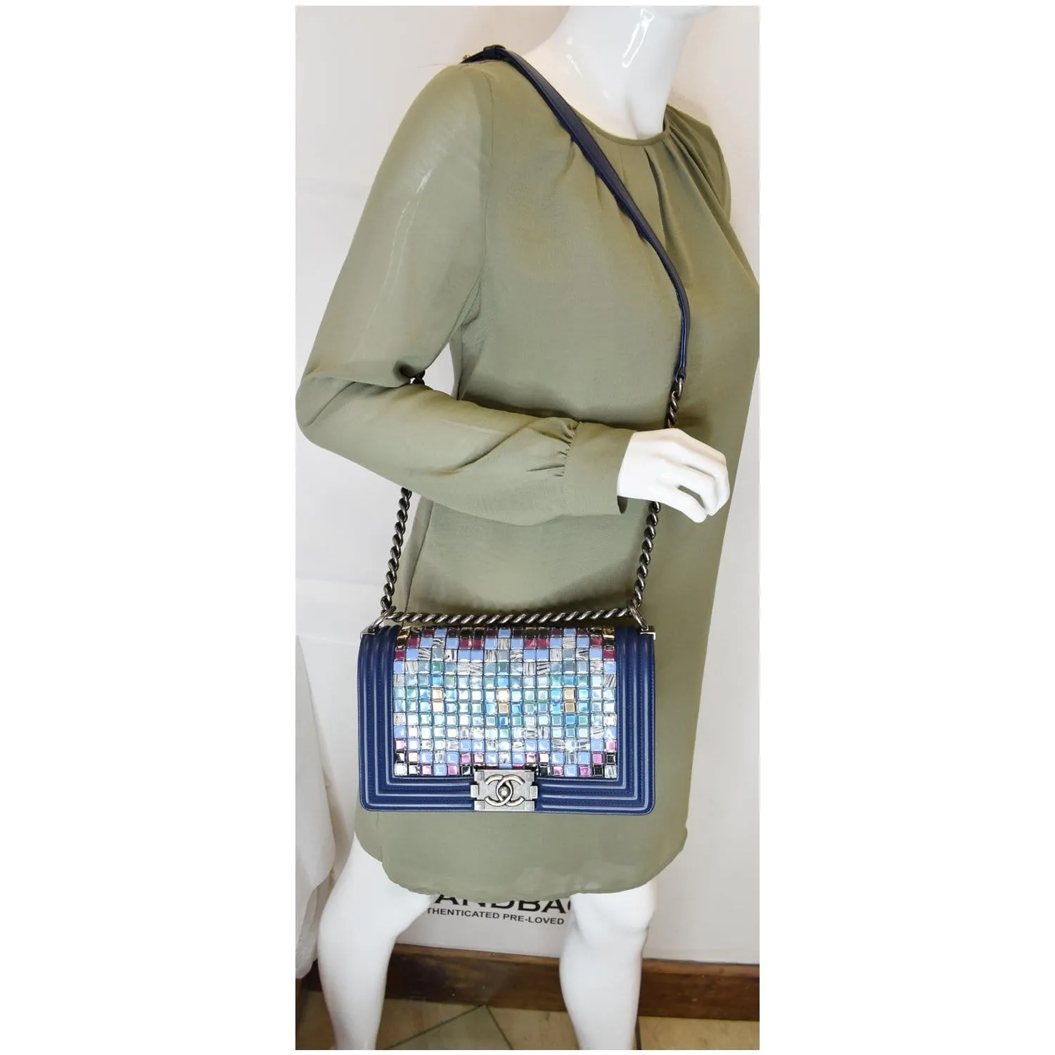 CHANEL Mosaic Large Boy Quilted Lambskin Shoulder Bag Blue