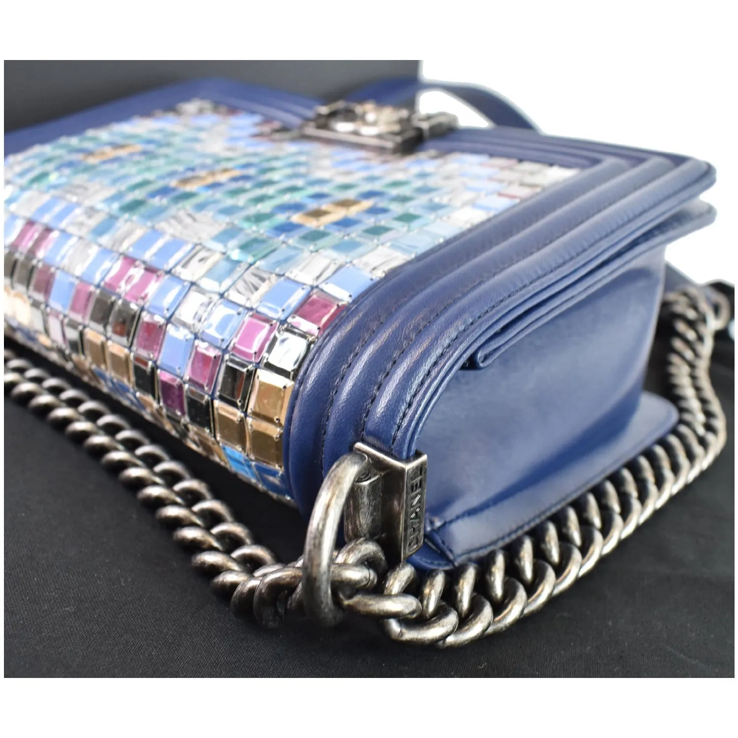 CHANEL Mosaic Large Boy Quilted Lambskin Shoulder Bag Blue