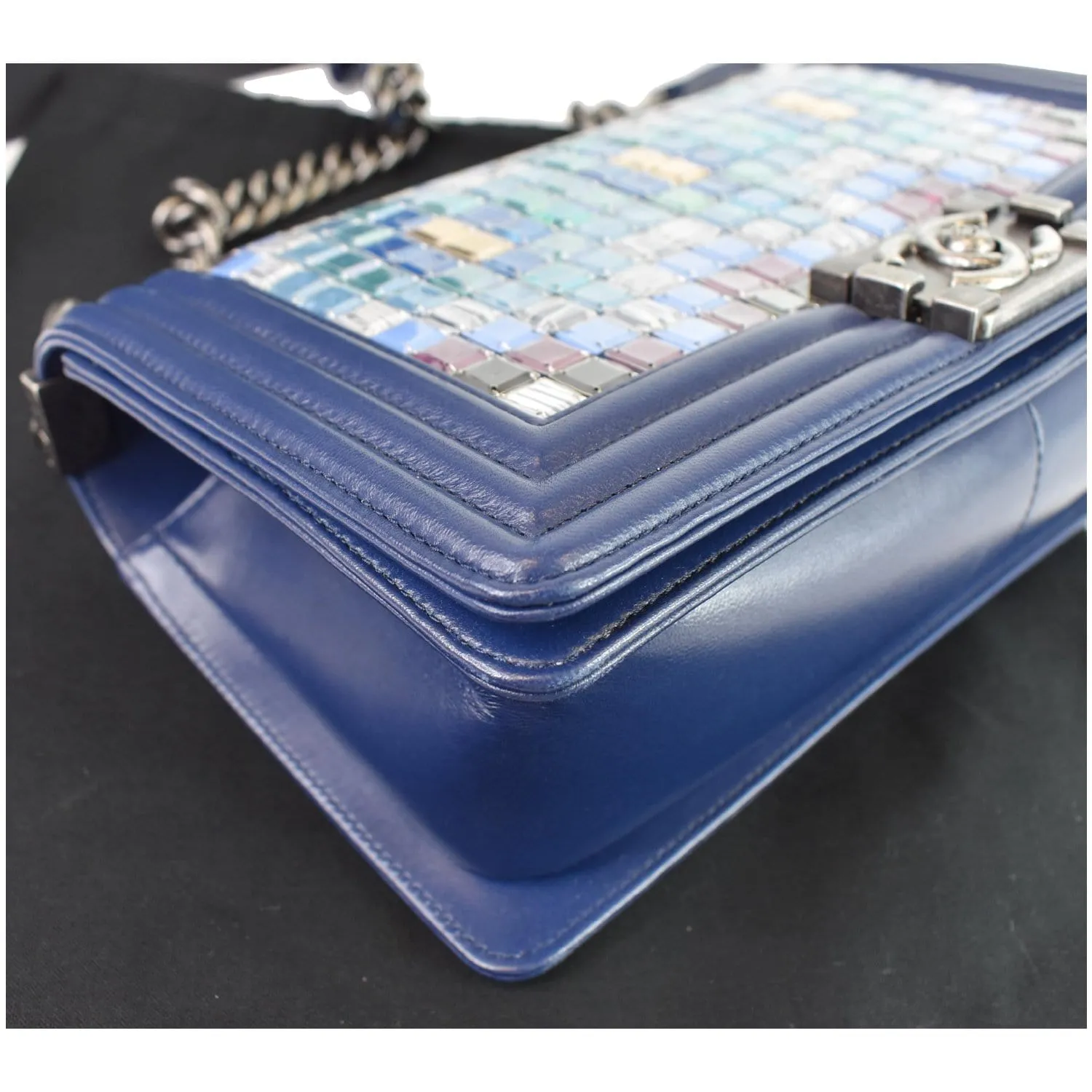 CHANEL Mosaic Large Boy Quilted Lambskin Shoulder Bag Blue