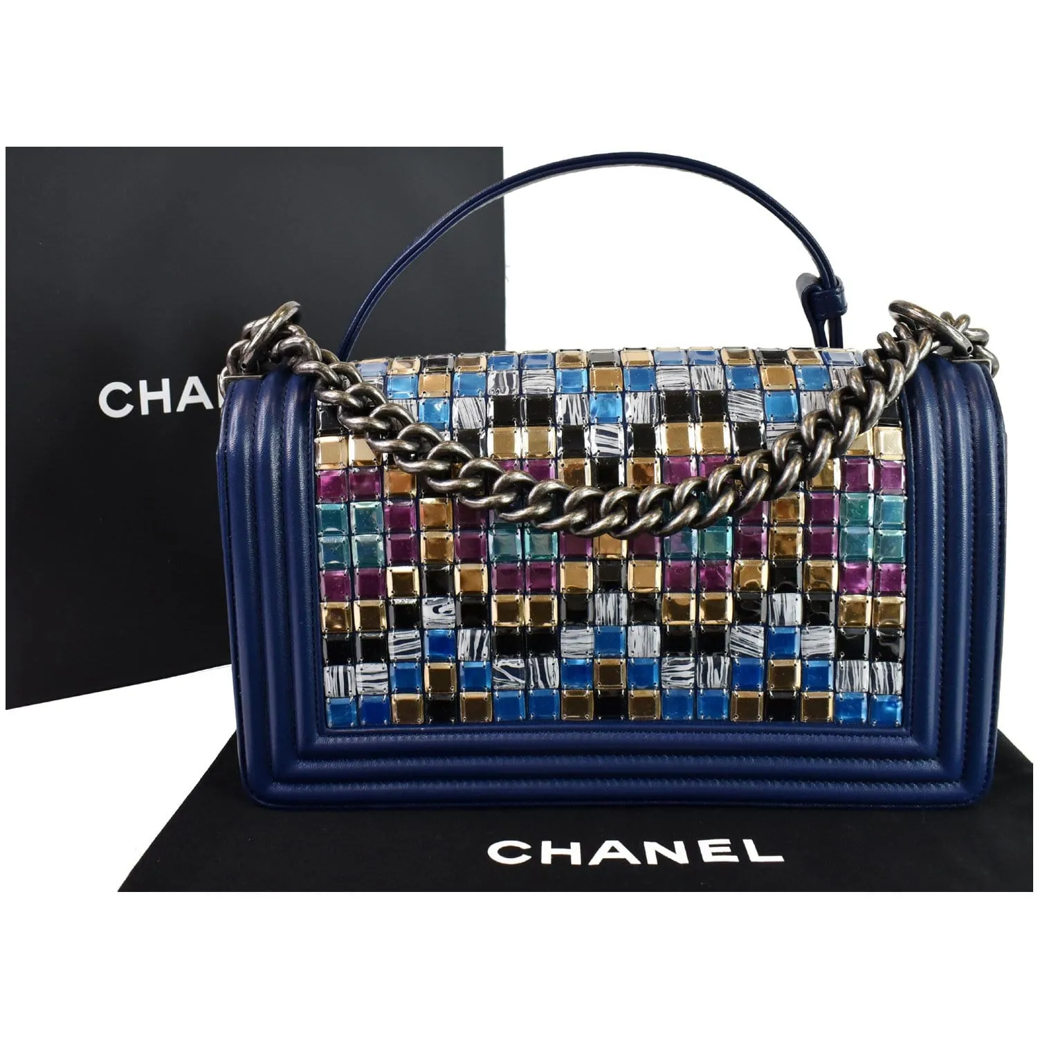 CHANEL Mosaic Large Boy Quilted Lambskin Shoulder Bag Blue
