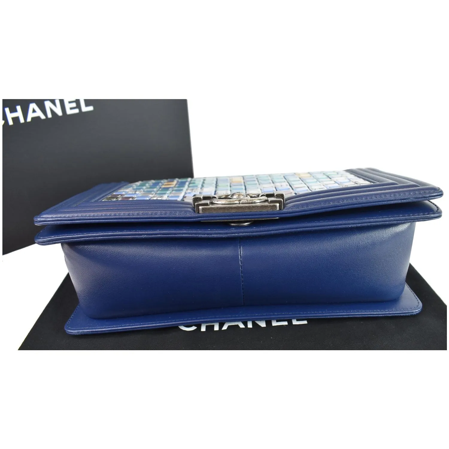 CHANEL Mosaic Large Boy Quilted Lambskin Shoulder Bag Blue