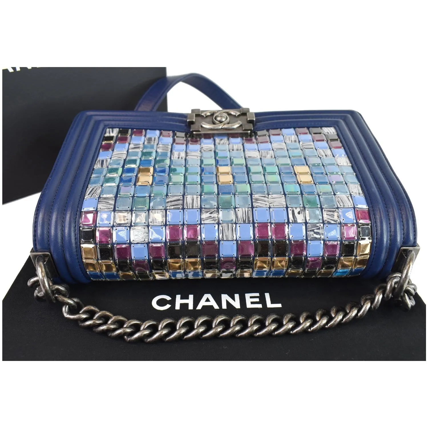 CHANEL Mosaic Large Boy Quilted Lambskin Shoulder Bag Blue