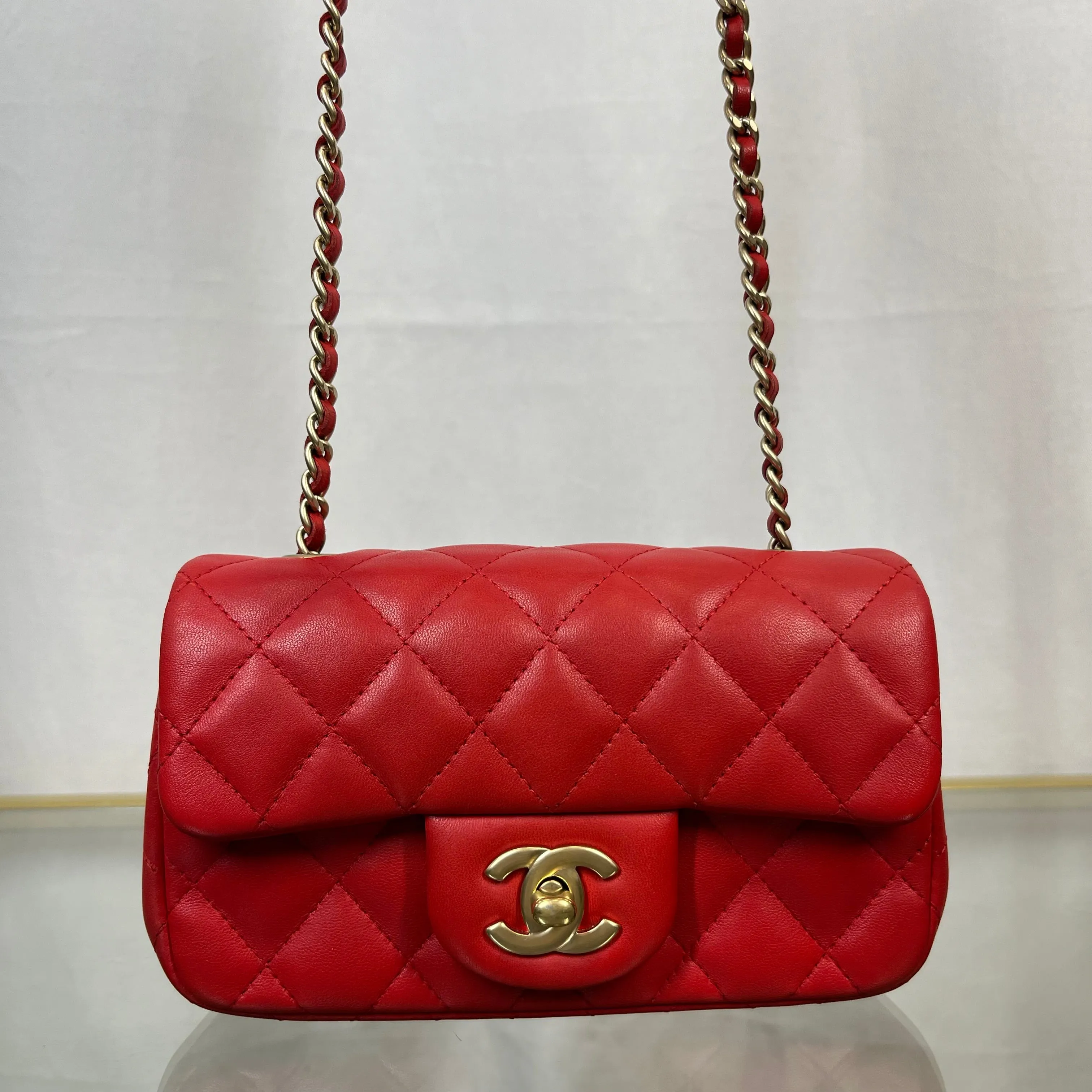 CHANEL Red Lambskin Mini Rectangle Shoulder Bag