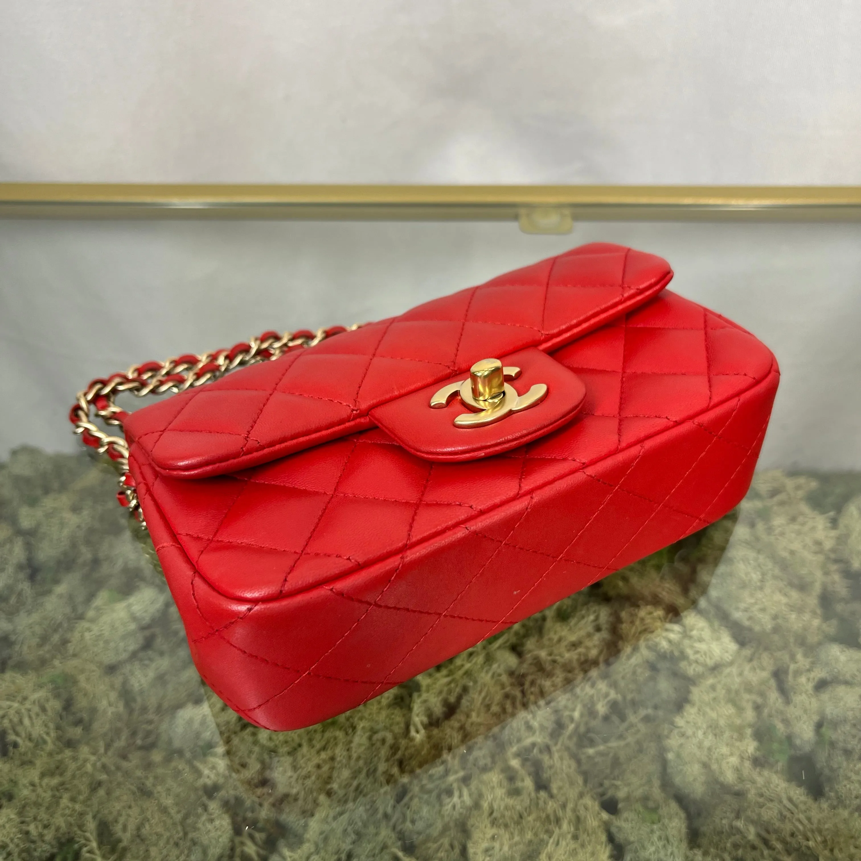 CHANEL Red Lambskin Mini Rectangle Shoulder Bag