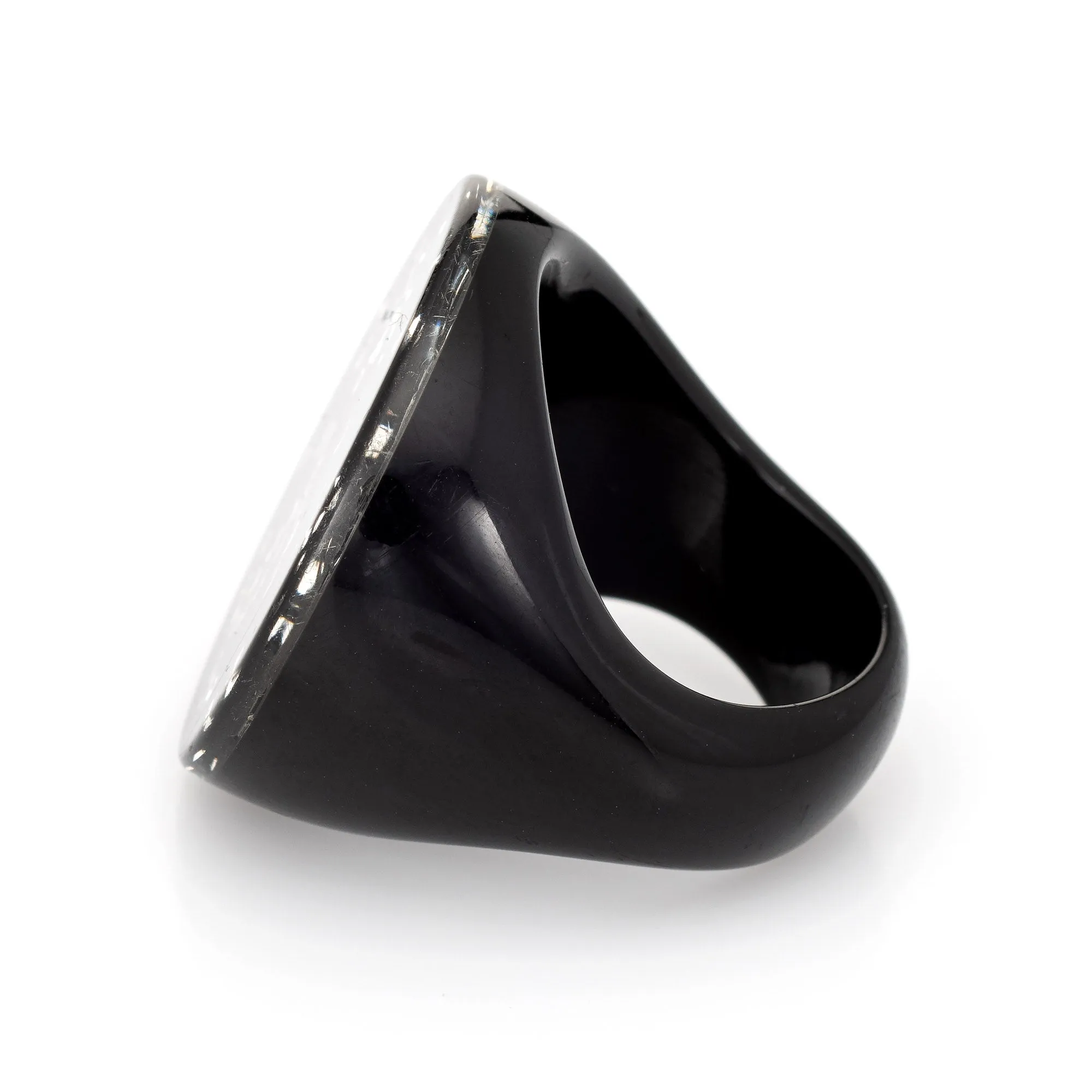 Chanel Star Crystal Ring c2008 Black Resin Round Cocktail Jewelry Sz 6.5 CC Logo