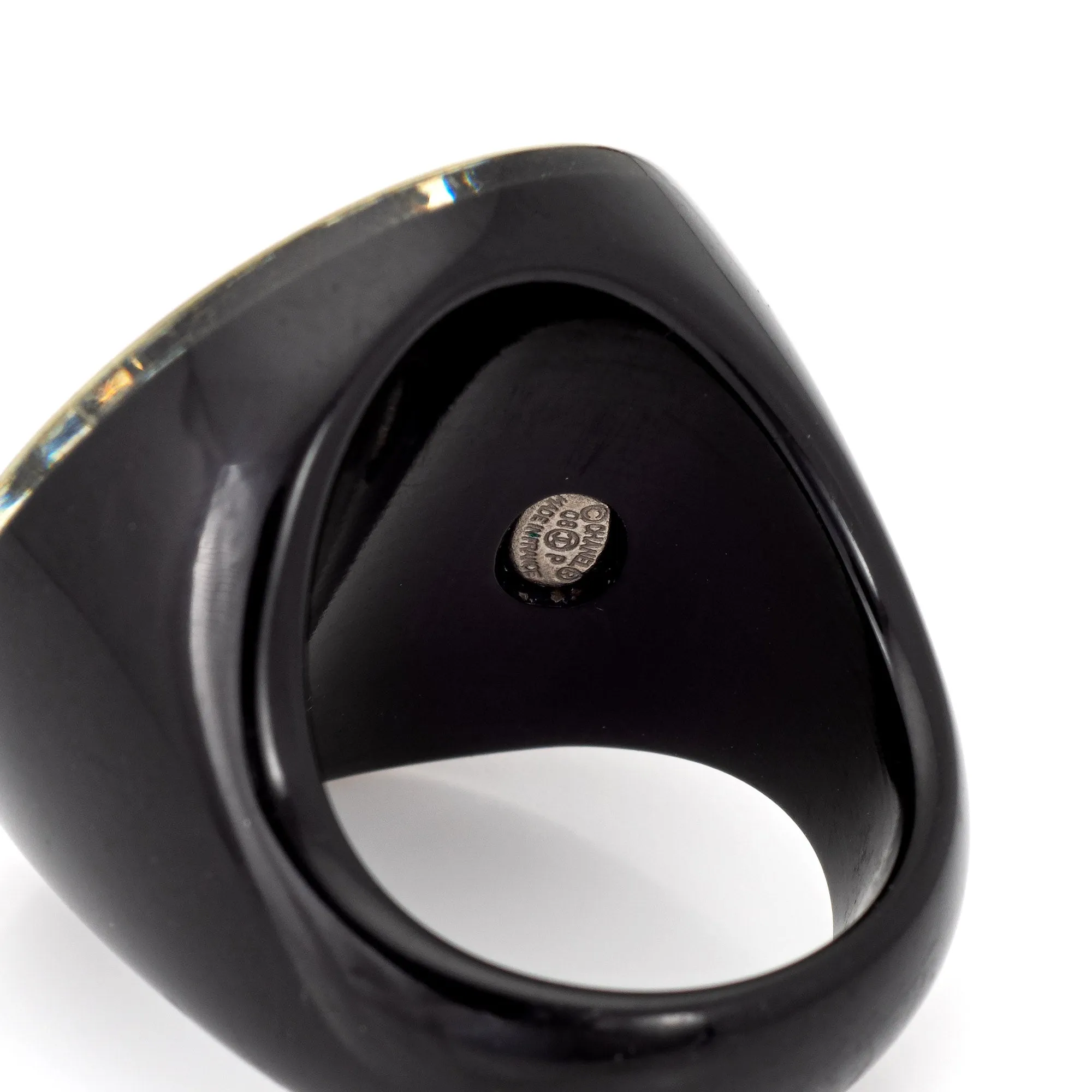 Chanel Star Crystal Ring c2008 Black Resin Round Cocktail Jewelry Sz 6.5 CC Logo