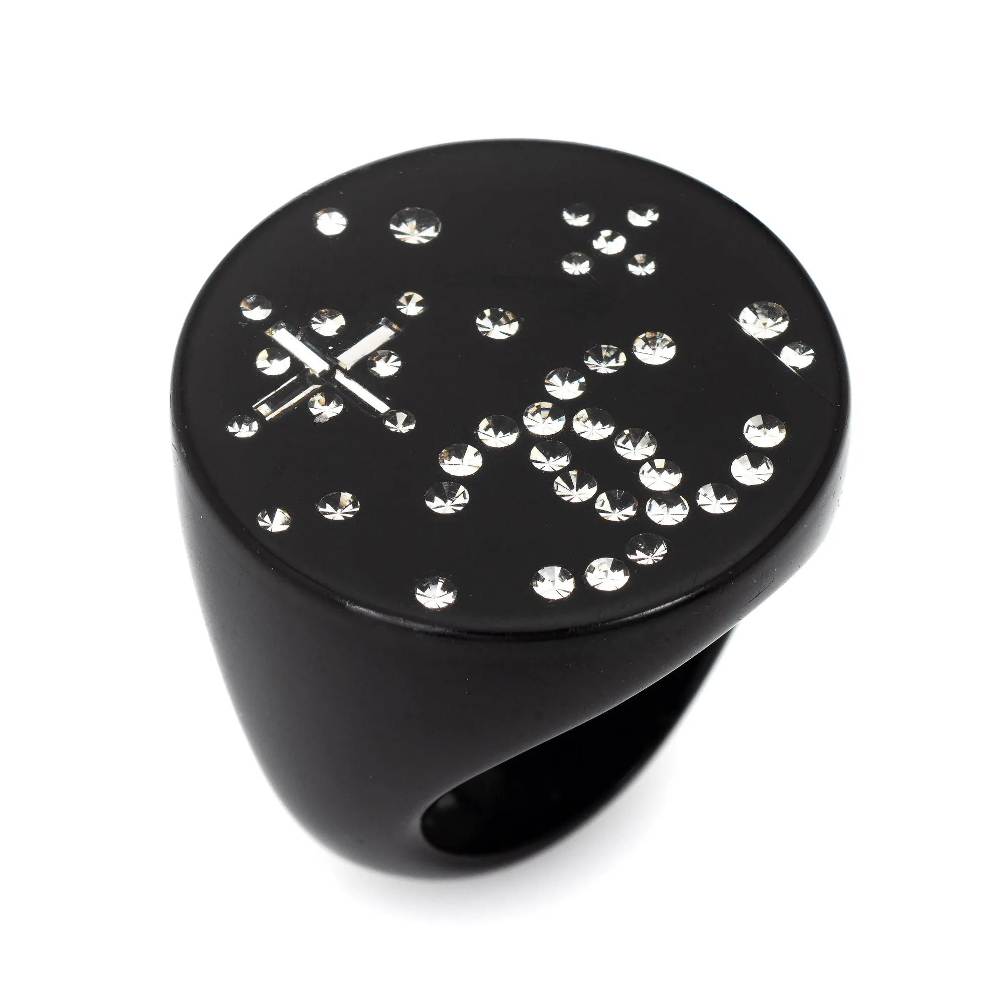 Chanel Star Crystal Ring c2008 Black Resin Round Cocktail Jewelry Sz 6.5 CC Logo