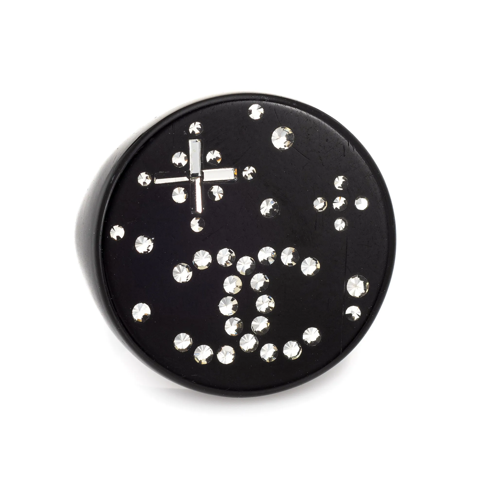 Chanel Star Crystal Ring c2008 Black Resin Round Cocktail Jewelry Sz 6.5 CC Logo