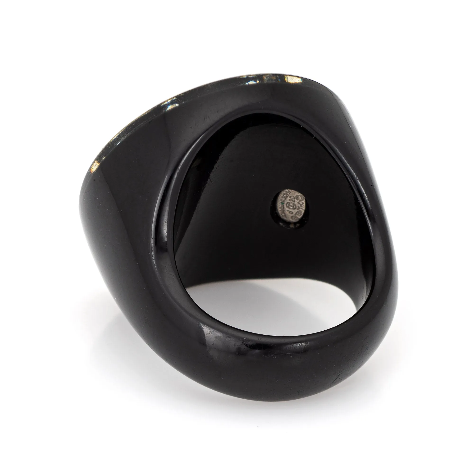 Chanel Star Crystal Ring c2008 Black Resin Round Cocktail Jewelry Sz 6.5 CC Logo