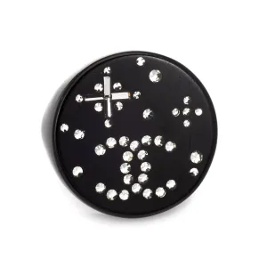 Chanel Star Crystal Ring c2008 Black Resin Round Cocktail Jewelry Sz 6.5 CC Logo