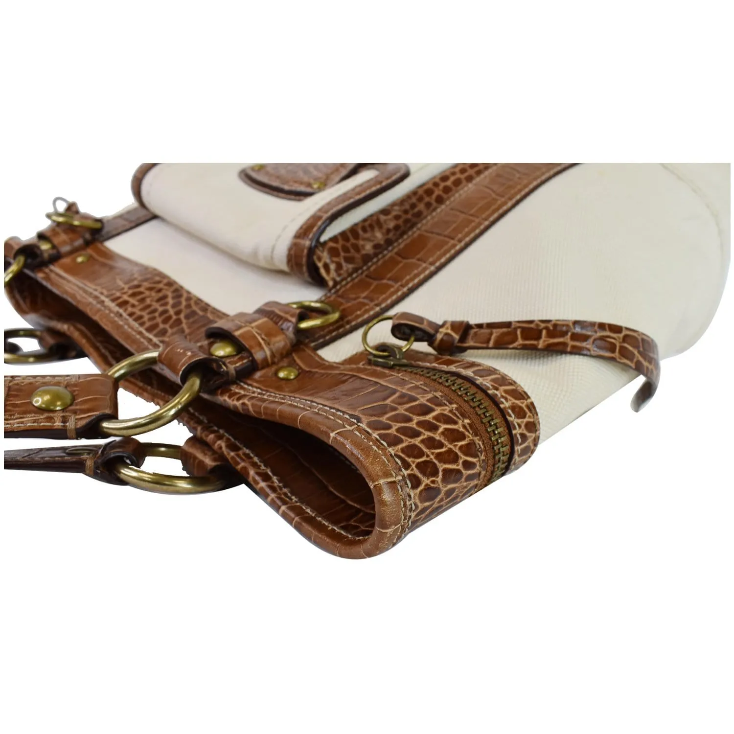 COACH MO669-10648 Canvas Embossed Leather Tote Bag Brown/Ivory