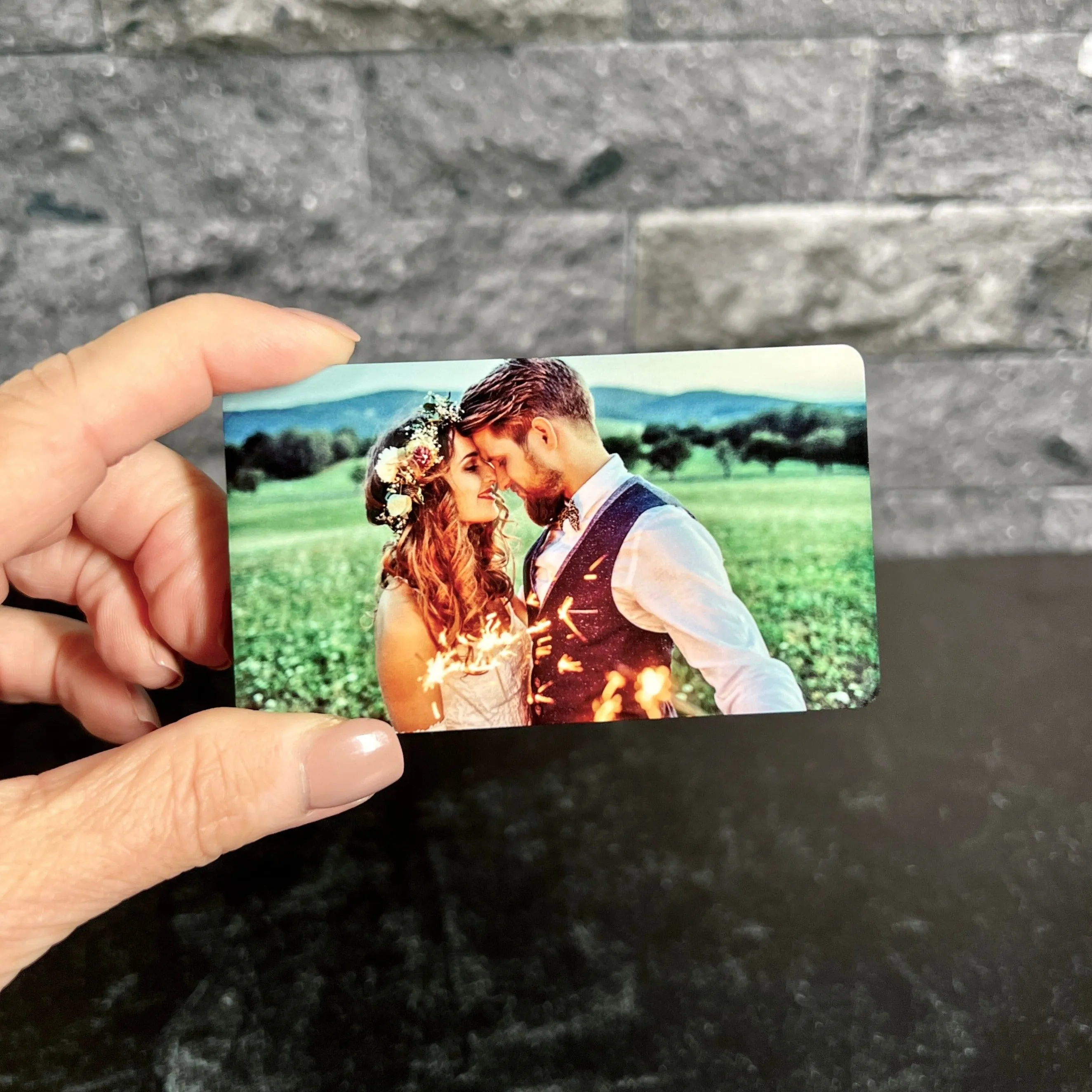 Custom Metal Photo Wallet Card – Personalized with Photo and Text, Includes Gift Pouch