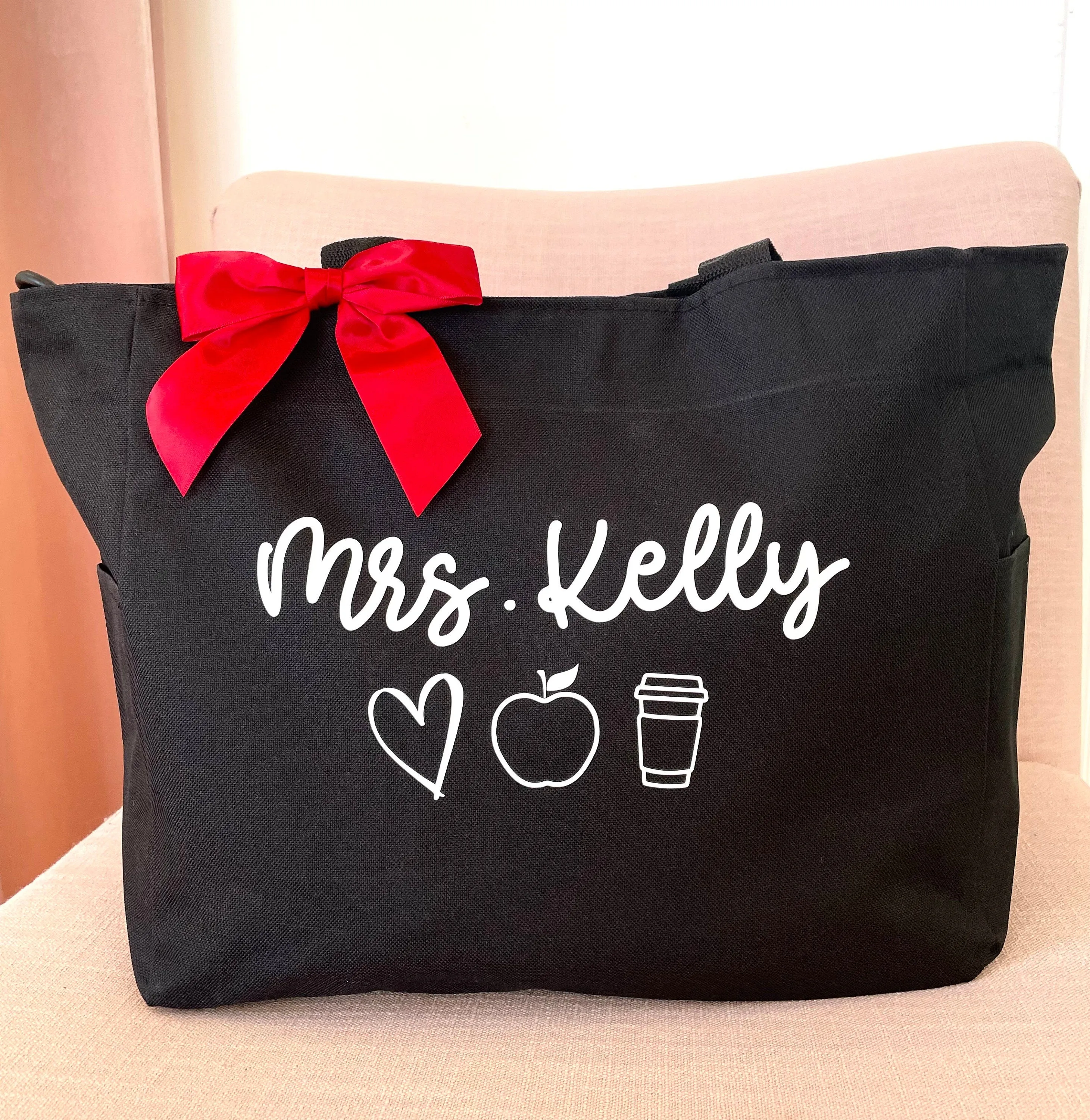 Custom Teacher Apple Heart Coffee Tote Bag
