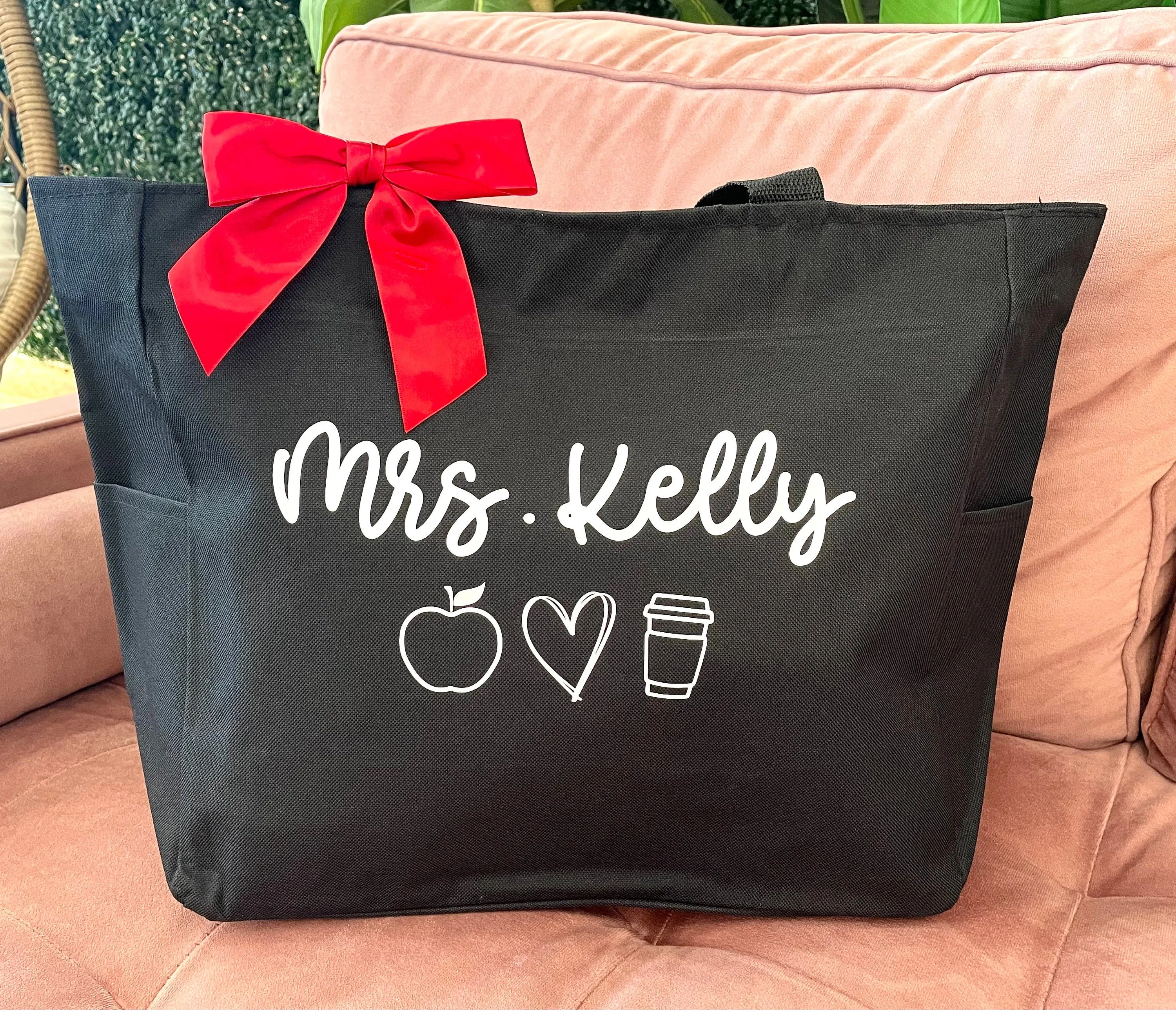 Custom Teacher Apple Heart Coffee Tote Bag
