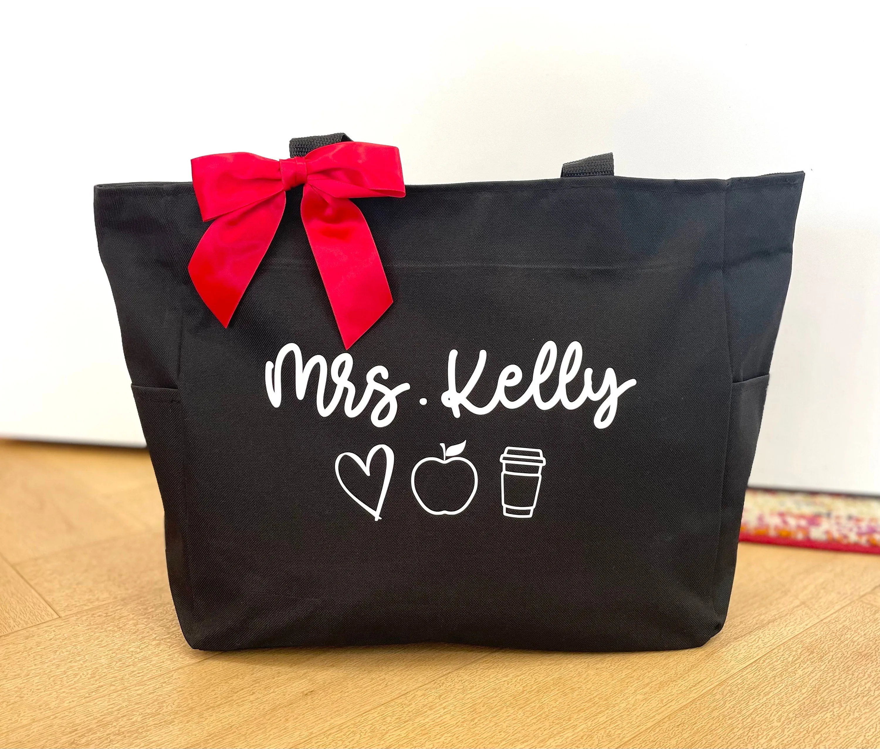 Custom Teacher Apple Heart Coffee Tote Bag