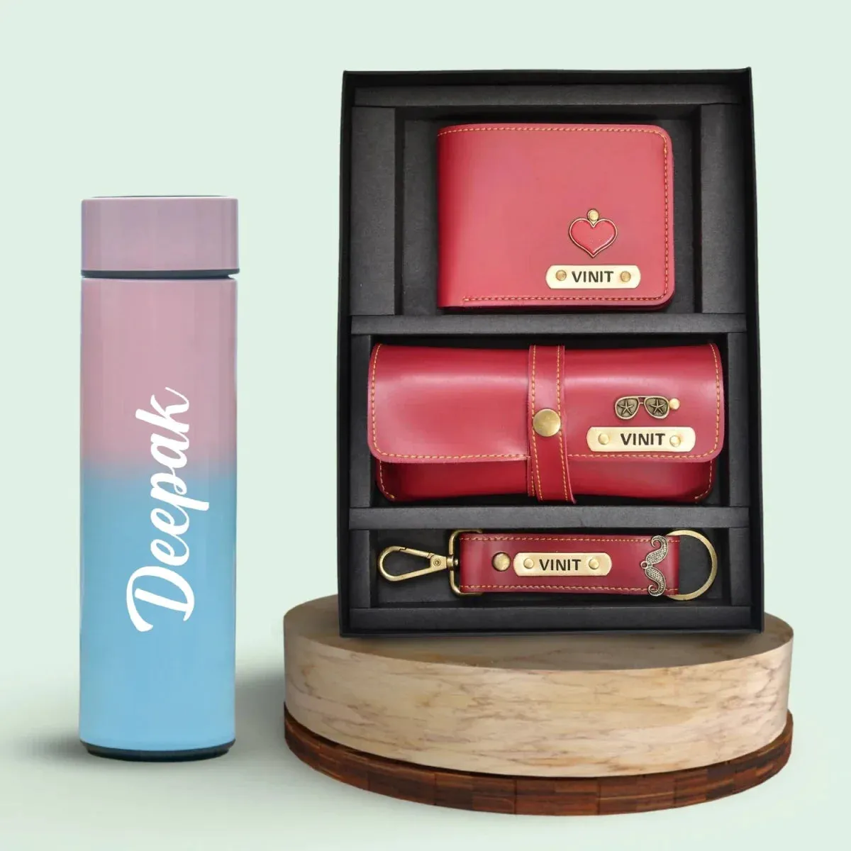 Customized Bottle with Temperature display - Pastel Shade 1 & All in One Men's Combo (3 pcs) - Wine