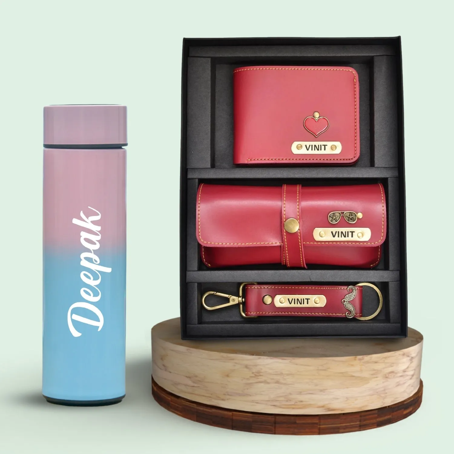 Customized Bottle with Temperature display - Pastel Shade 1 & All in One Men's Combo (3 pcs) - Wine