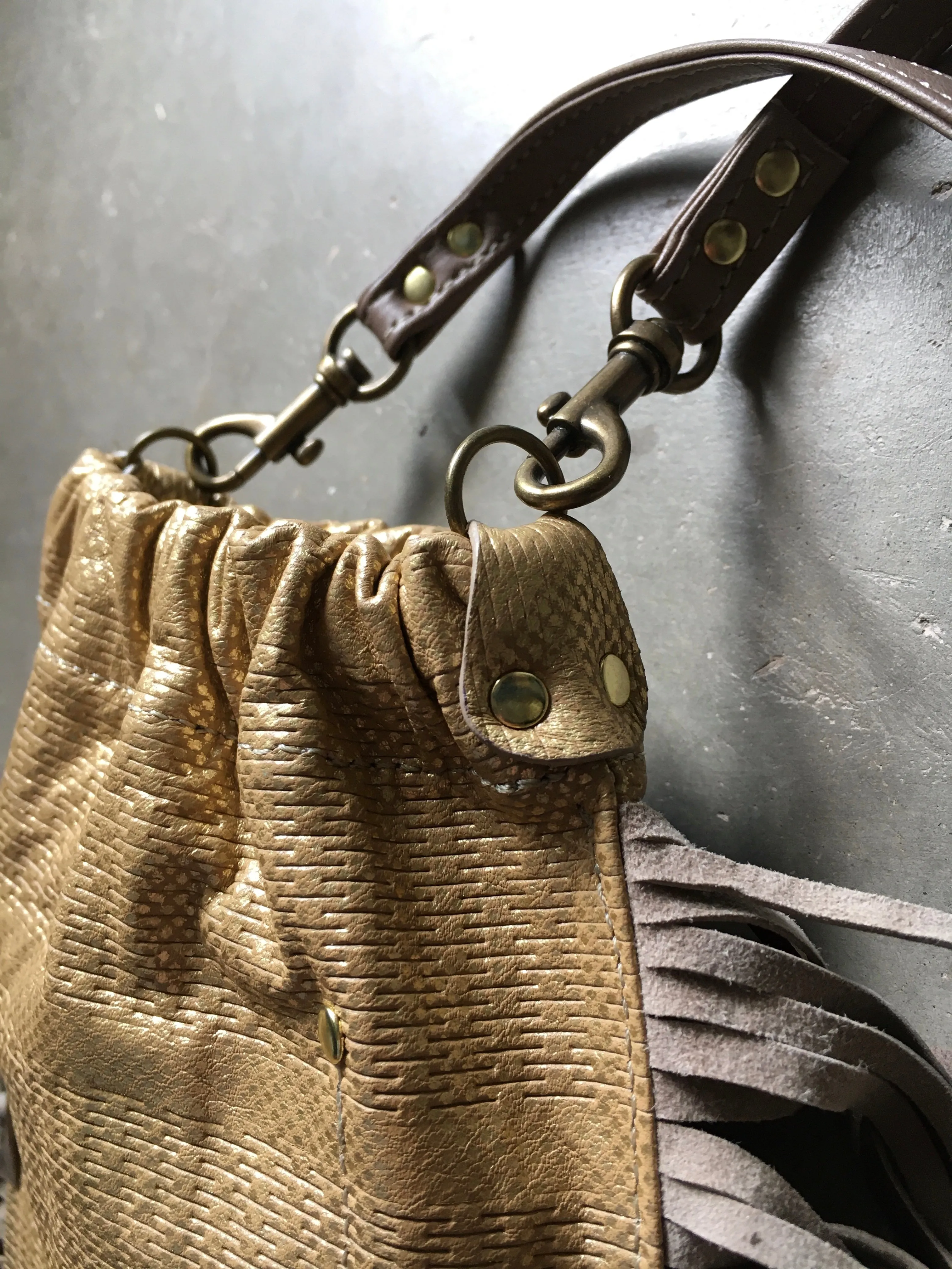 Dandi in Gold Foil with Taupe Fringe