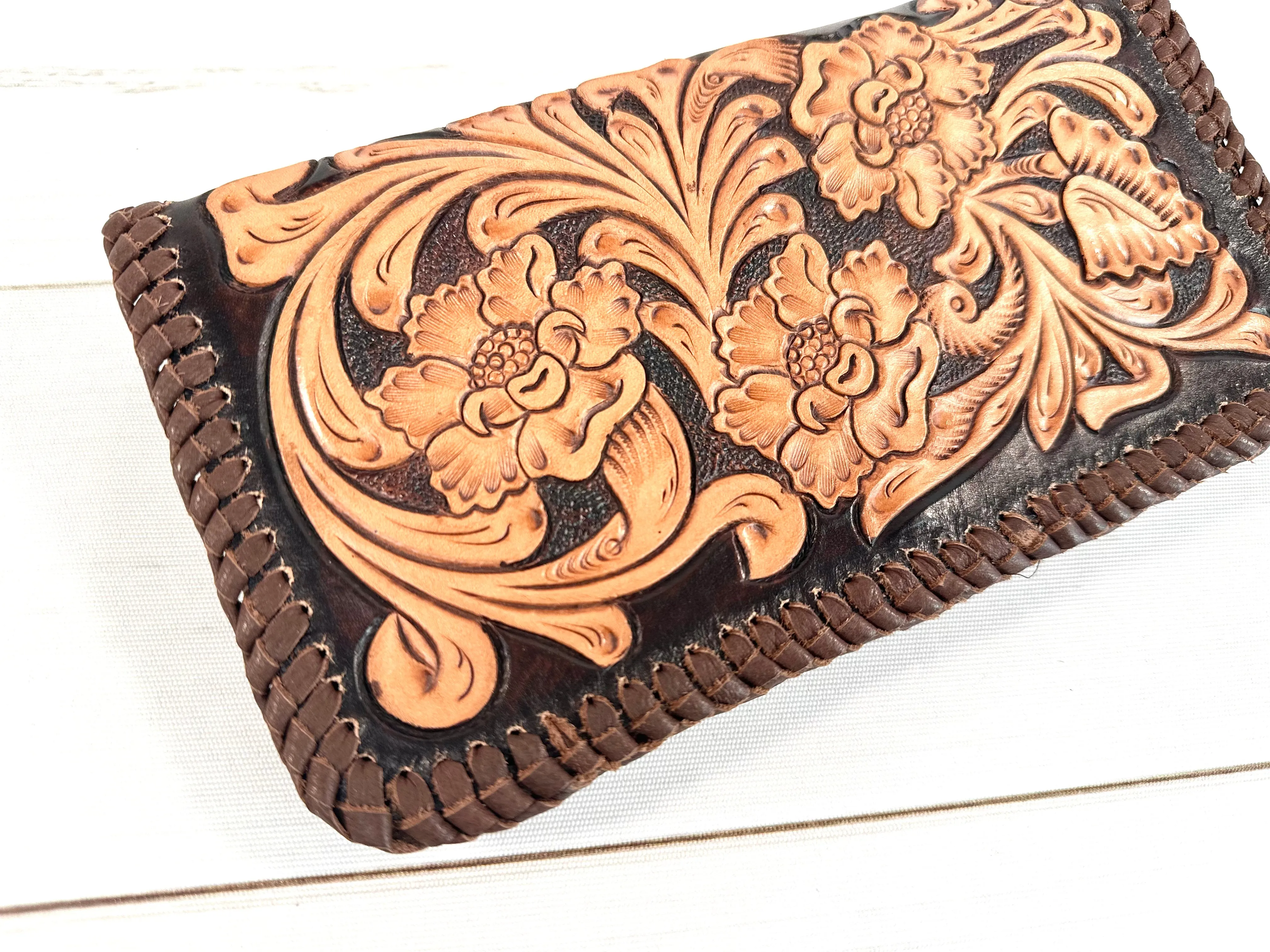 Dark Brown with Tan Floral Tooled Braided Border Wallet
