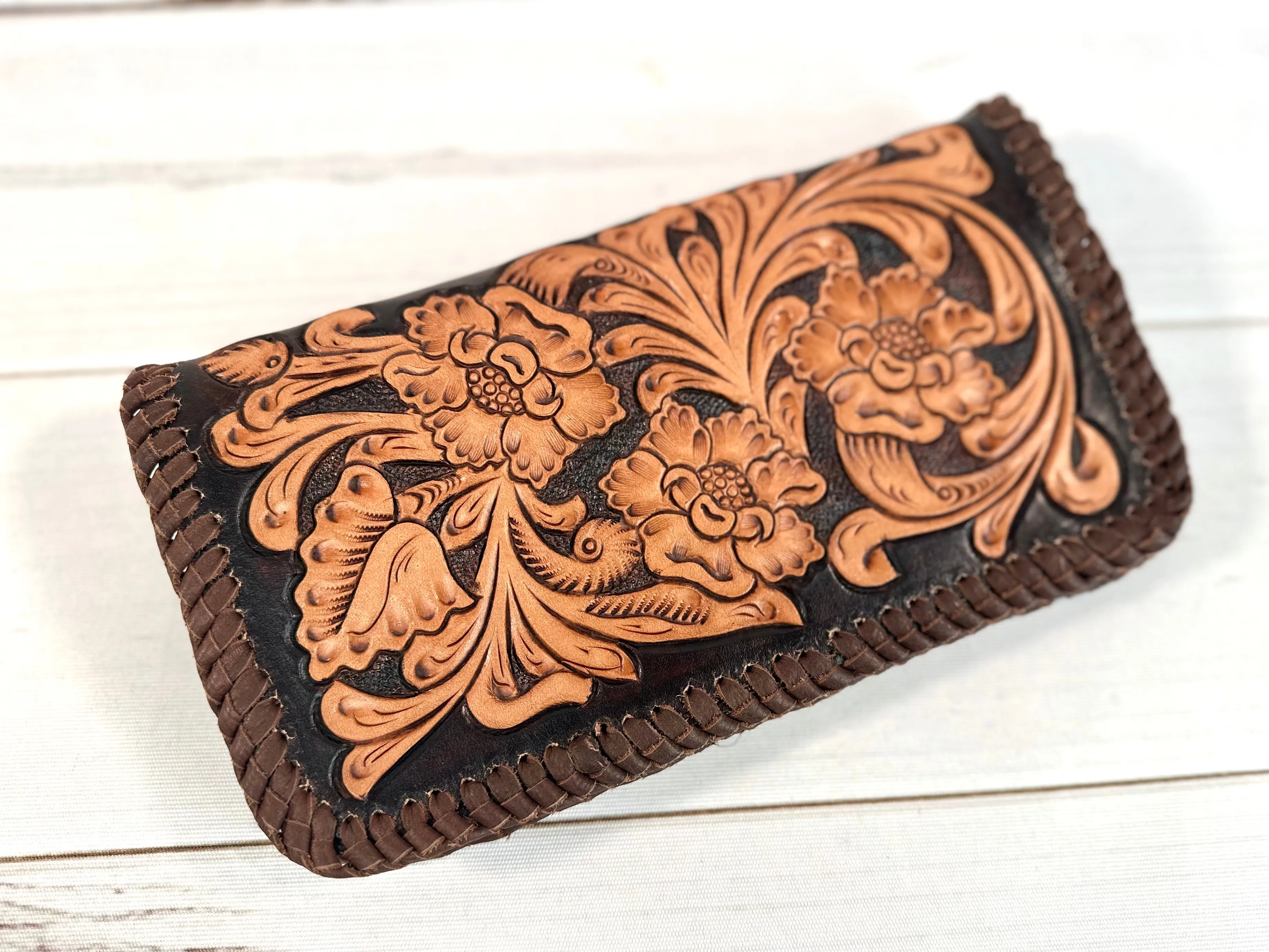 Dark Brown with Tan Floral Tooled Braided Border Wallet