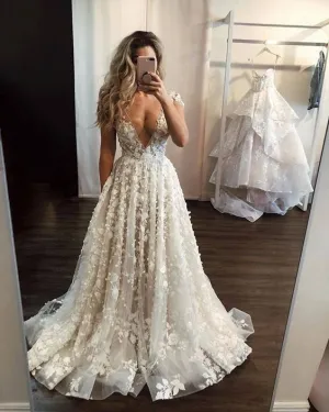deep v neck lace floral wedding dresses for bride cap sleeve elegant a line romantic wedding gowns