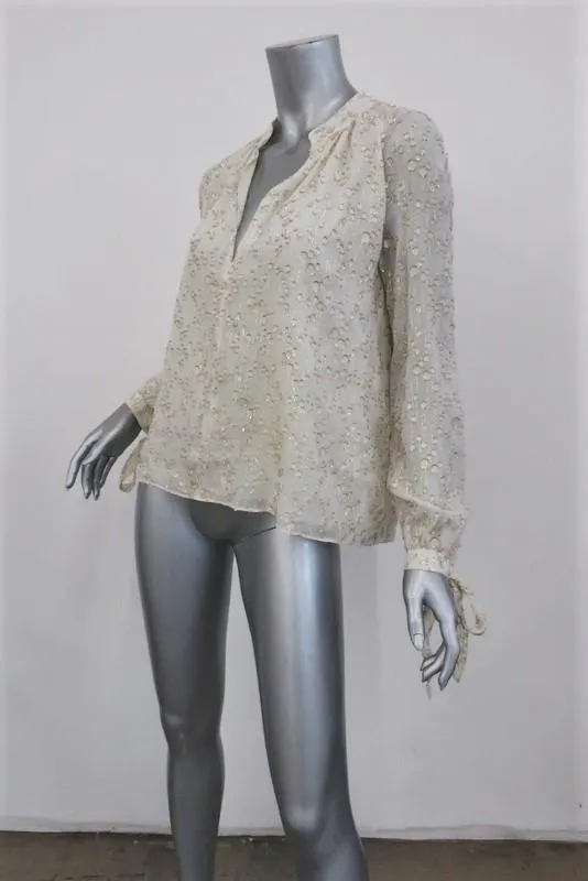Derek Lam 10 Crosby Blouse Cream/Gold Metallic Fil Coupe Size 2 Tie-Sleeve Top