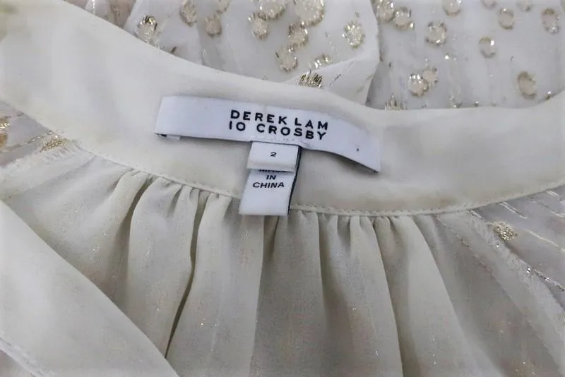 Derek Lam 10 Crosby Blouse Cream/Gold Metallic Fil Coupe Size 2 Tie-Sleeve Top