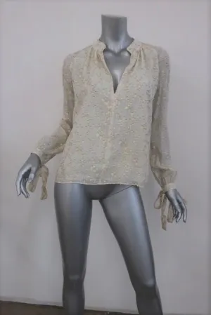 Derek Lam 10 Crosby Blouse Cream/Gold Metallic Fil Coupe Size 2 Tie-Sleeve Top