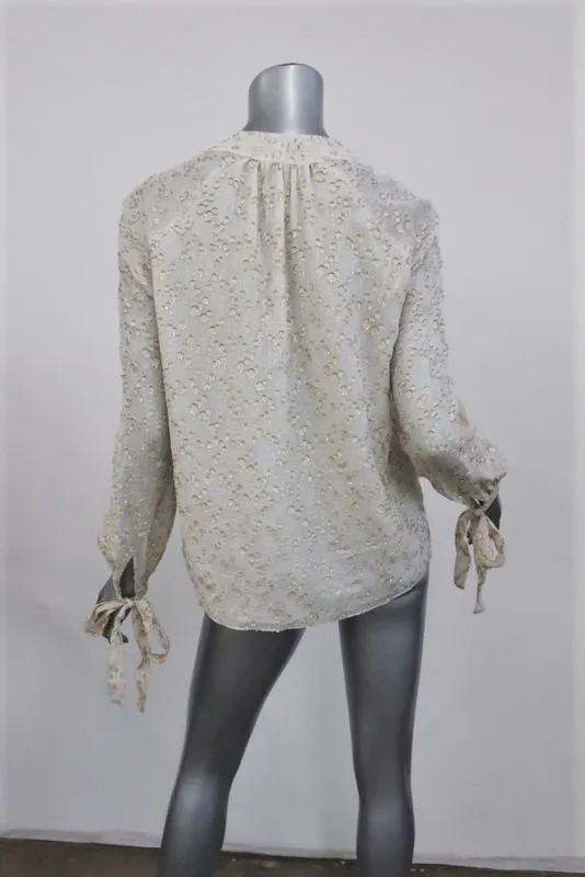 Derek Lam 10 Crosby Blouse Cream/Gold Metallic Fil Coupe Size 2 Tie-Sleeve Top
