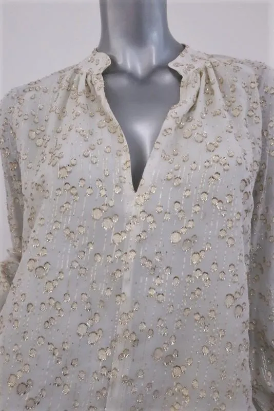 Derek Lam 10 Crosby Blouse Cream/Gold Metallic Fil Coupe Size 2 Tie-Sleeve Top