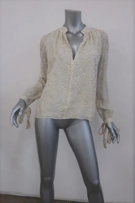 Derek Lam 10 Crosby Blouse Cream/Gold Metallic Fil Coupe Size 2 Tie-Sleeve Top