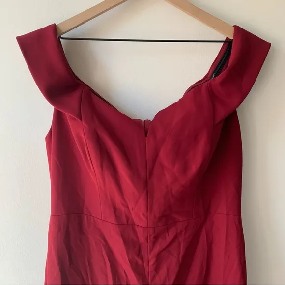Dessy Collection OFF-THE-SHOULDER NOTCH TRUMPET GOWN FRONT SLIT BURGUNDY Sz 18